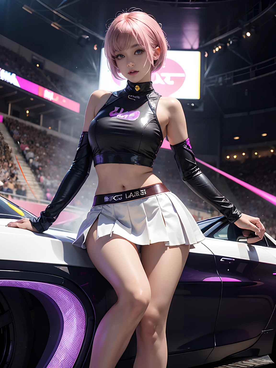 tight outfit, close up of face, thighs thighs thighs thighs, Delicate girl, Violet crop top, Sleeveless, Violet skirt, Shiny skin, Looking at Viewer, , Pixie Short Hairstyles, Cream yellow hair, shorth hair, long lashes、eyeshadows(digital anime:0.8), (Edge lighting, highest details, ighly detailed, ultra-detailliert, finely detail:0.8), [:Detailed face and eyes:10], (Lesh pink eyes:1.2), cosplayer, Random Posing, Race Queen、Uniform with logo、 Exquisite beauty、Beautiful face, Body shape of slim model, Beautiful breasts, shiny, beauty legs、wet shiny body, (((Dark brown skin beauty))), neons、Large crowds、audience、Aurora Vision、Huge stadium、Drag racing、Racing Circuit、racing car、Lower grade、Large crowds、Spectators、audience、Spectators、Large crowds、Camera Flash、laser beam、
