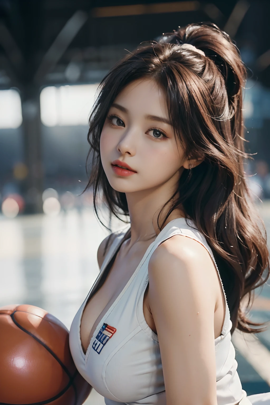 (RAW photo, 4k, masterpiece, high resolution, extremely complex) (realistic: 1.4), cinematic lighting Delicate girl with facial features
1 Girl, Single Focus, Summer Noon, Hot, 1990s\(Style\), Skin White, (Big Breast, Cleavage), (Best Quality), (Highres), (An Extremely Delicate and Beautiful),,(Beautiful 8k face),(Brown Eyes),(ulzzang-6500:1.0),(solo),( looking side),(spectators),(large breasts),(NBA),bent over,,lookside,(side), ,(Basketball sportswear),((Play basketball)),((gymnasium)),((speed)),(reality),