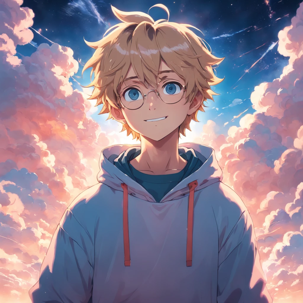 masterpiece, best quality, movie still, 1man, cloud boy, floating in the sky, close-up, bright, happy, warm soft lighting, sunset, (sparks:0.7), (AS-Young:1.2), (1boy:1.8), (male focus:1.2), (cute:1.7), cute boy wearing round glasses, looking at the viewer, smiling, wearing a pink hoodie, blue eyes, blond hair