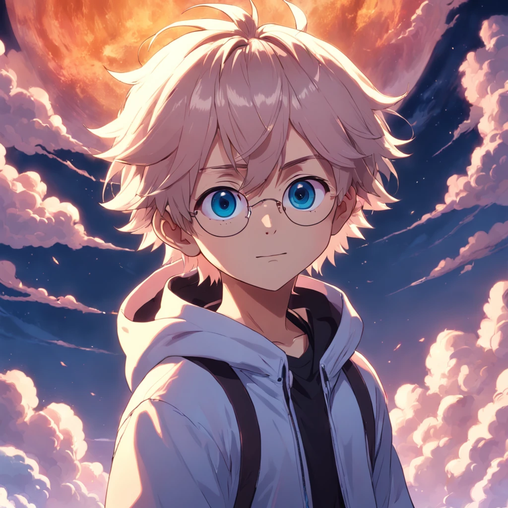 masterpiece, best quality, movie still, 1man, cloud boy, floating in the sky, close-up, bright, happy, warm soft lighting, sunset, (sparks:0.7), (AS-Young:1.2), (1boy:1.8), (male focus:1.2), (cute:1.7), cute boy wearing round glasses, looking at the viewer, smiling, wearing a pink hoodie, blue eyes, blond hair