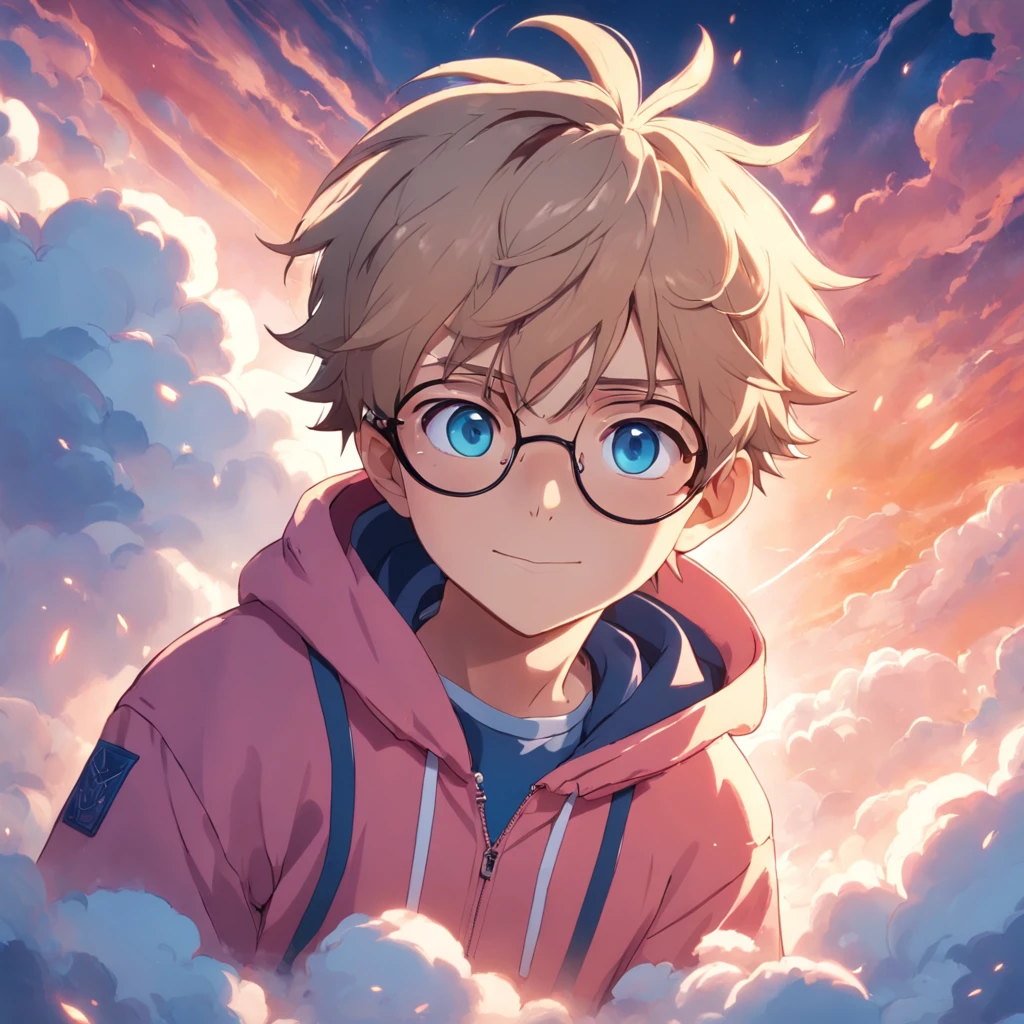masterpiece, best quality, movie still, 1man, cloud boy, floating in the sky, close-up, bright, happy, warm soft lighting, sunset, (sparks:0.7), (AS-Young:1.2), (1boy:1.8), (male focus:1.2), (cute:1.7), cute boy wearing round glasses, looking at the viewer, smiling, wearing a pink hoodie, blue eyes, blond hair