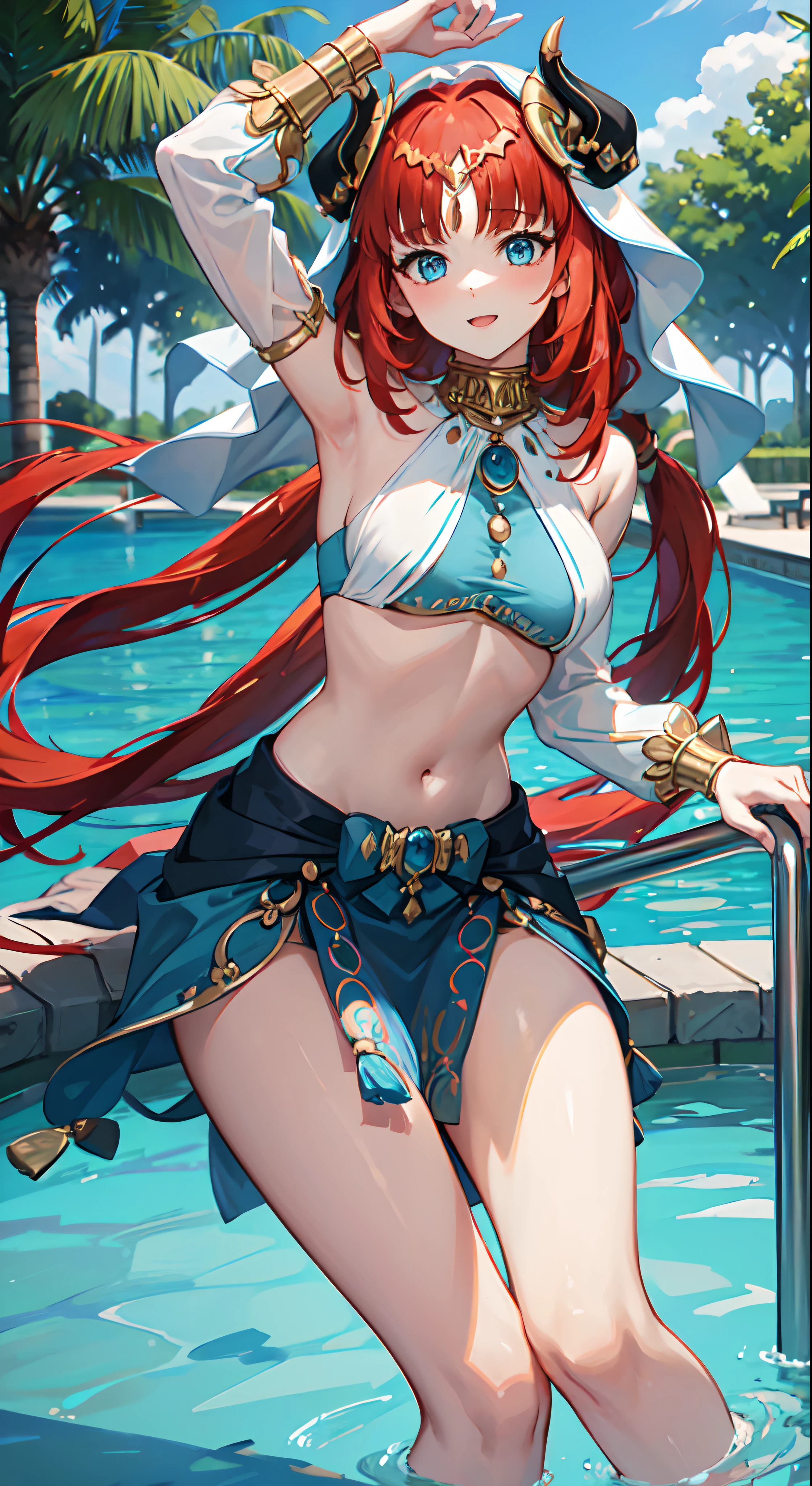 nilou, red hair, long hair, blue eyes, gown, skirt, slim legs, navel, happy, cleavage, bend over, pool