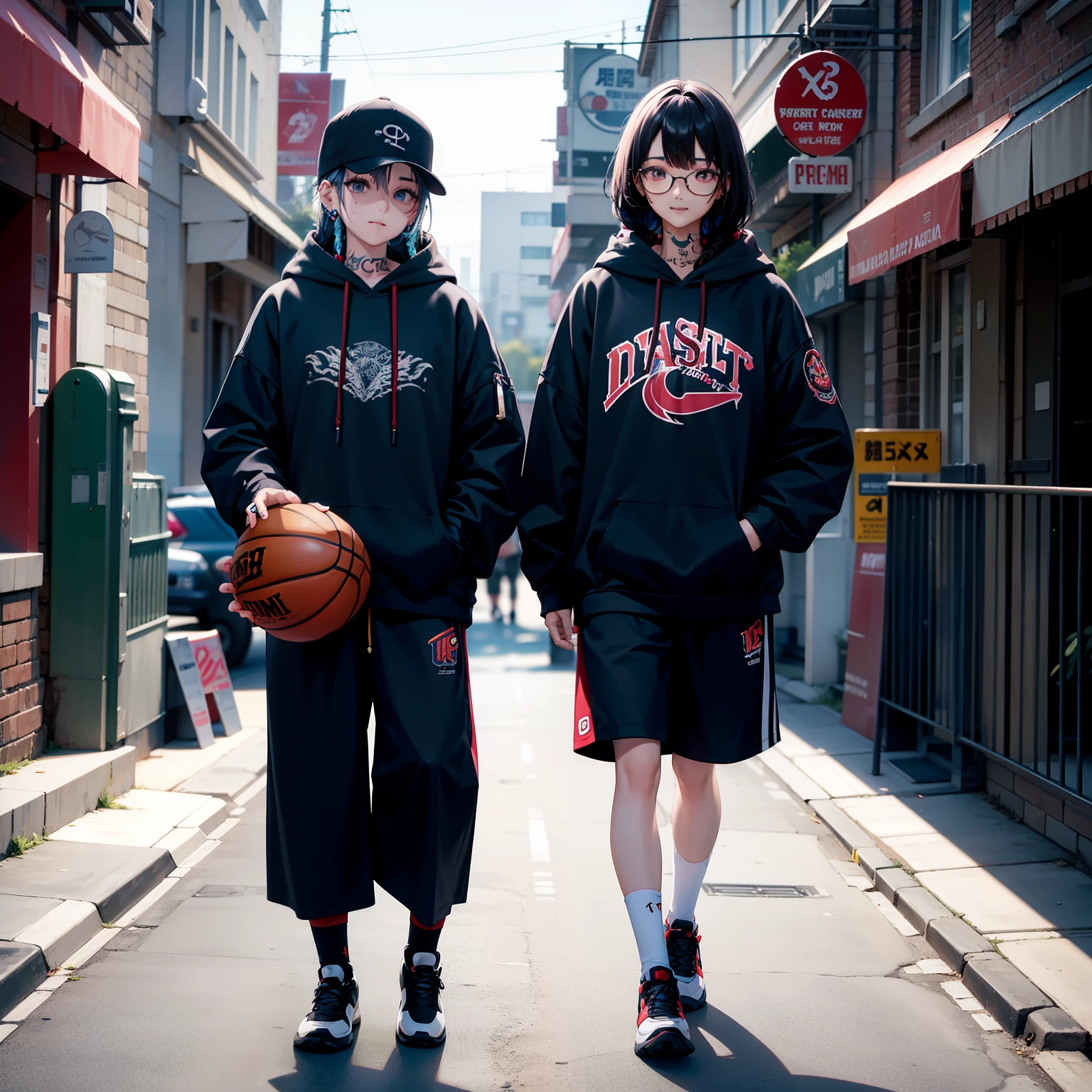 high-level image quality、Contre-Jour、flare lens、A lot of tattoos on the body、Tattoos all over the body、A lot of piercings on the face、Black American Girl、sixteen years old、Basketball players、Dabo Dabo clothes、Large hoodies、Short length spats、high socks、Basketball Shoes、Street Fashion、Trendy clothing、Multicolored dreadlocks、shairband、Stroll along the coastal street、dynamicposes、resplendent smile、Looking at the camera、full bodyesbian、basketball