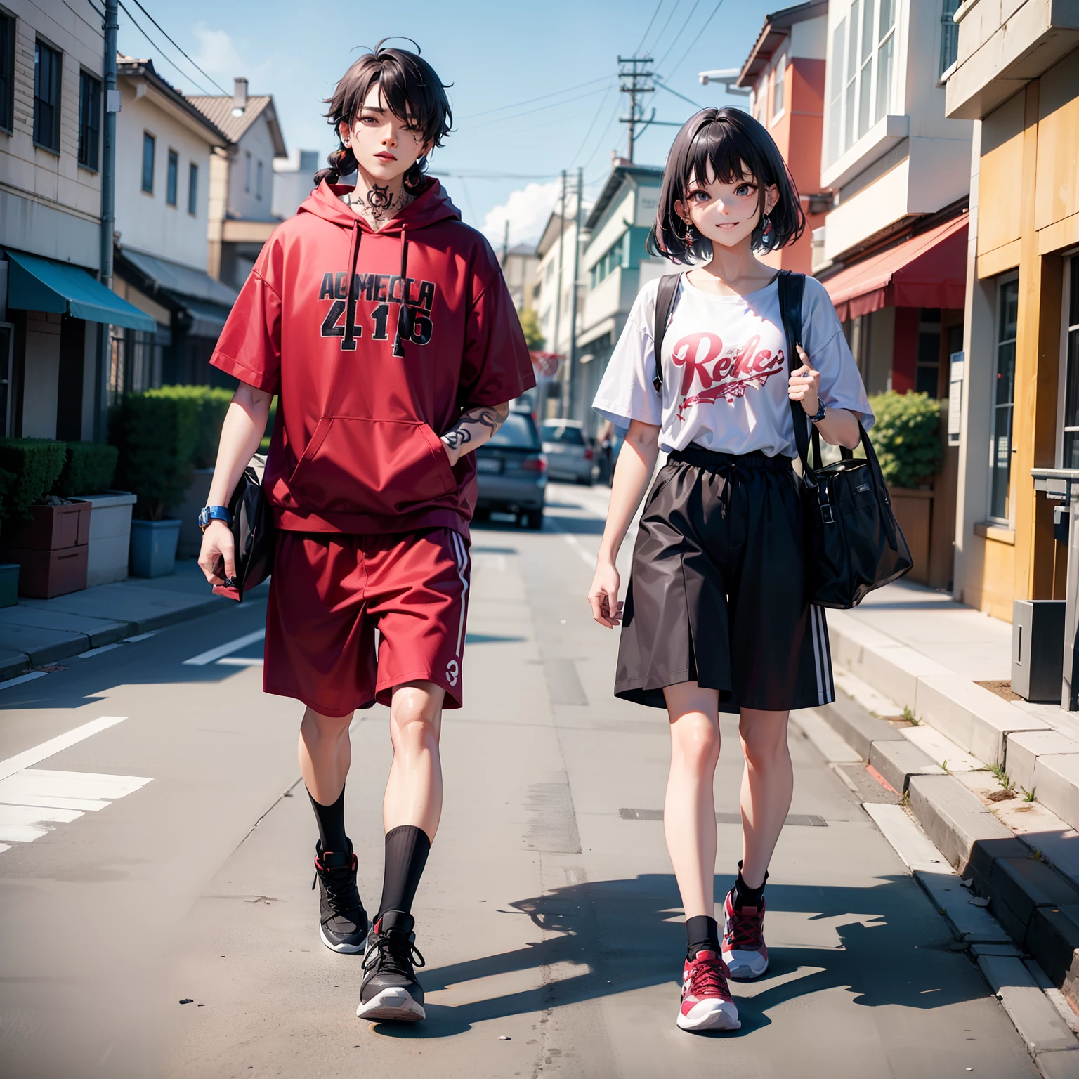 high-level image quality、Contre-Jour、flare lens、A lot of tattoos on the body、Tattoos all over the body、A lot of piercings on the face、Black American Girl、、Basketball players、Dabo Dabo clothes、Large hoodies、Short length spats、high socks、Basketball Shoes、Street Fashion、Trendy clothing、Multicolored dreadlocks、shairband、Stroll along the coastal street、dynamicposes、resplendent smile、Looking at the camera、full bodyesbian、basketball