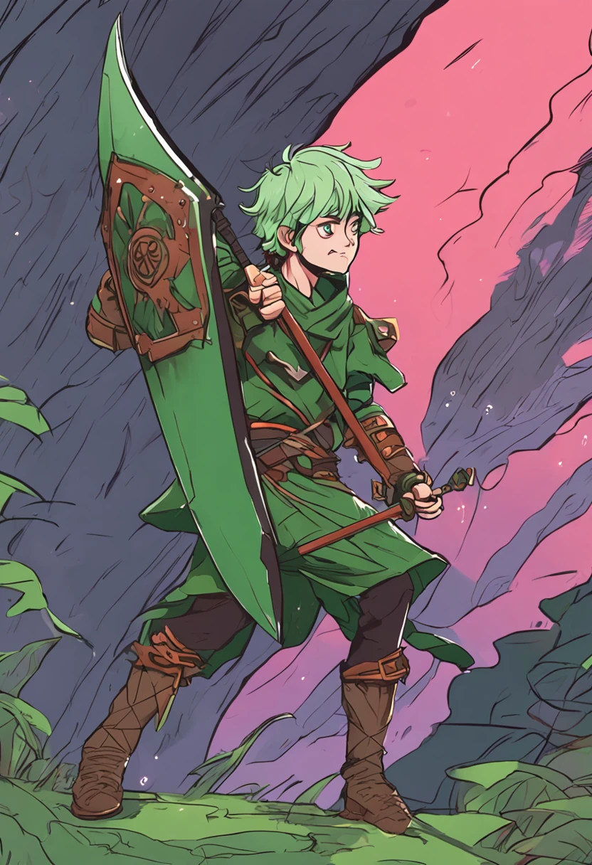 in Japanese anime style, imagine an adult forest elf man with short, green hair holding a shield and a spear in each hand.