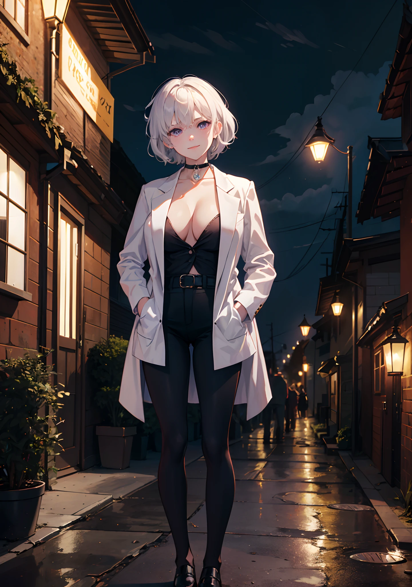(masterpiece, best quality:1.2), cowboy shot, solo, 1girl, white hair, short wavy hair, purple eyes, average breasts, slender body, light smile, looking at viewer, hands in pockets, lady office suit, (braless), cleavage, black pants, choker, cityscape scenery, street, night light, night time,