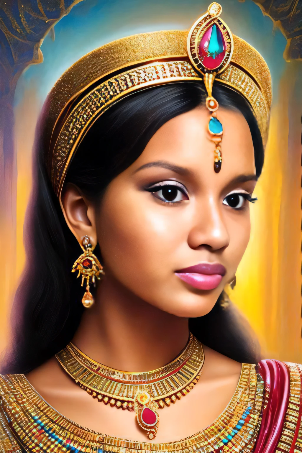uma pintura de uma mulher usando um cocar dourado e um vestido vermelho, Princesa Libu antiga, de princesa indiana, Retrato da princesa asteca, Princesa Jasmine, princesa feminina bonita, Retrato de uma jovem Pocahontas, epic 3 d oshun, Egyptian Princess, Princesa africana deslumbrante, Pintura do retrato de uma princesa, Retrato de Pocahontas, beautiful cleopatra