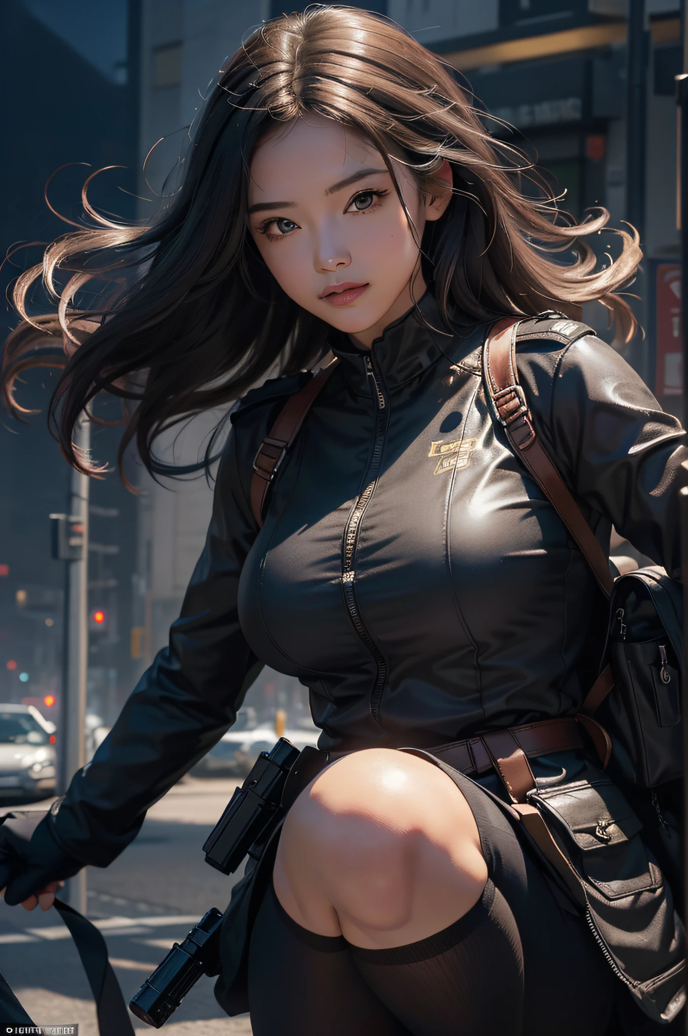(Hyper-realistic) , (illustratio), (Increase the resolution),(8K), (Most Best Illustration),(extremely detaile), (美丽细致的眼睛),(The face is super detailed), (详细的脸), 独奏,1个Giant Breast Girl, looking at viewert, in the darkness nigth, deep shading, ssmile,cabelos preto e longos，（（（Armed police uniforms：1.8）））
