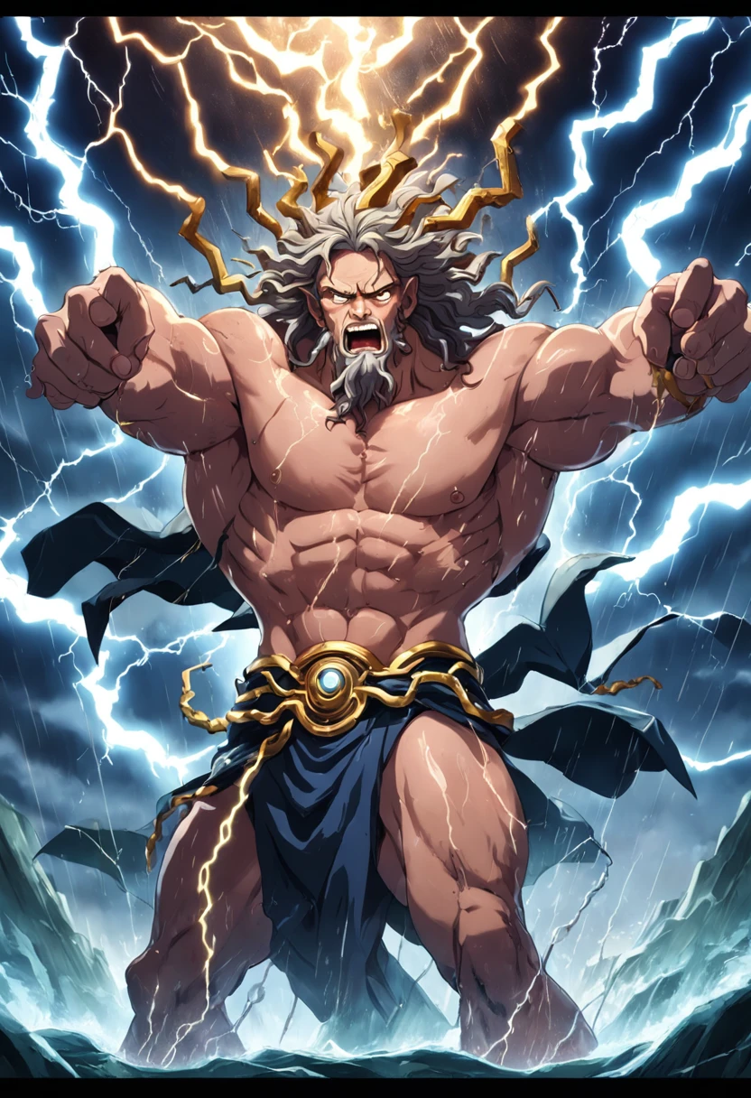 "Zeus holding Medusa's head in his arms, heavy rain with lightning and thunder, raios penetrantes que emanam de seus olhos, hate-filled expression"