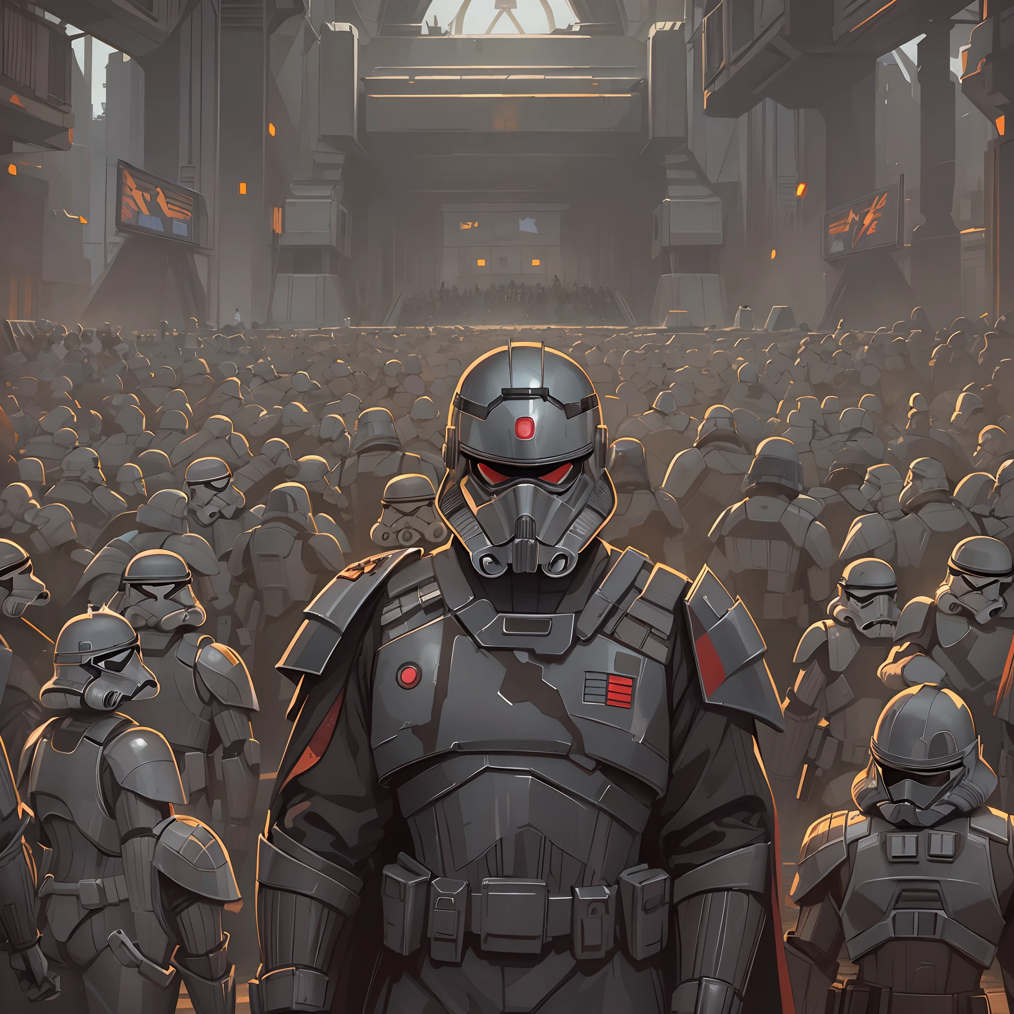 Imperial soldier, Star Wars old republic, (illustration style), detailed background, crowd of imperial soldiers, (looking down)