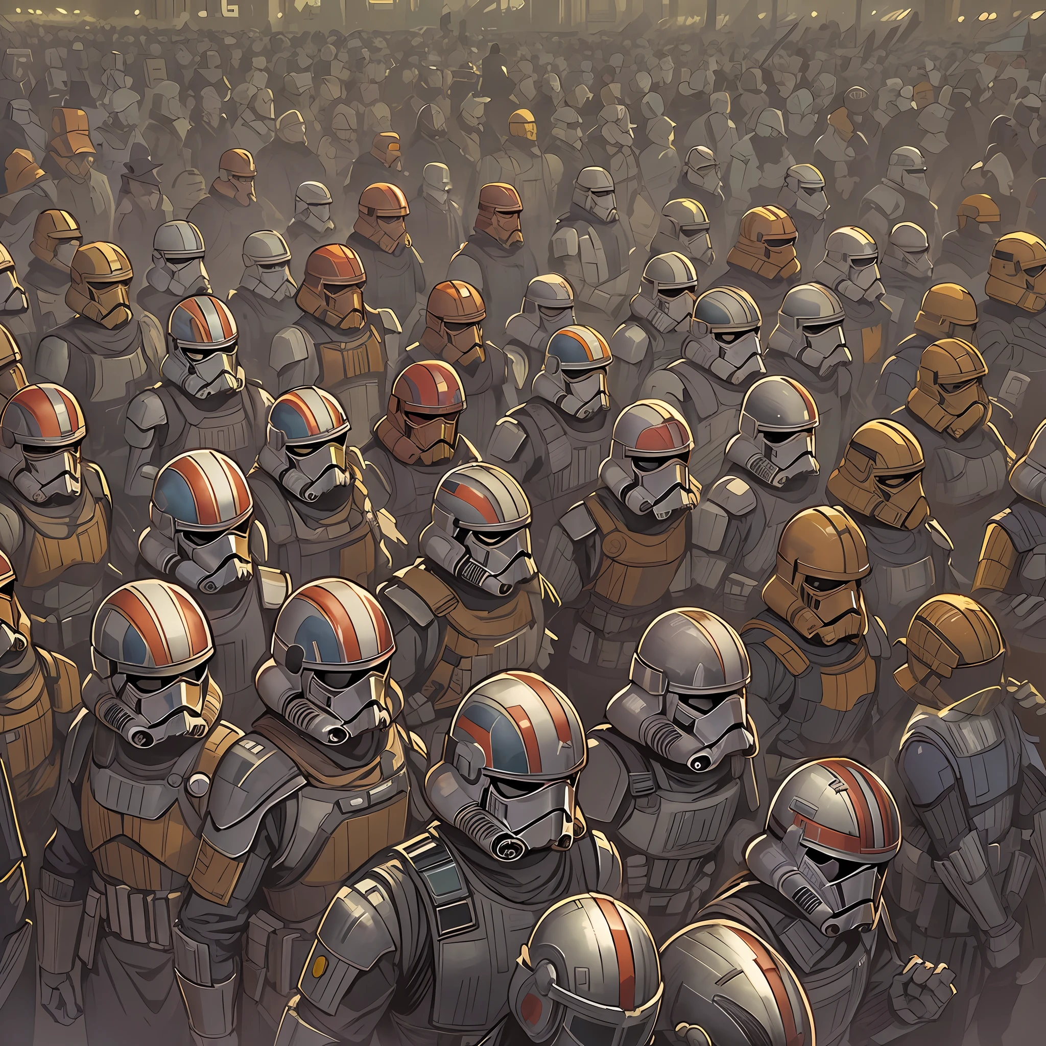 Imperial soldier, Star Wars old republic, (illustration style), detailed background, crowd of imperial soldiers, (looking down)
