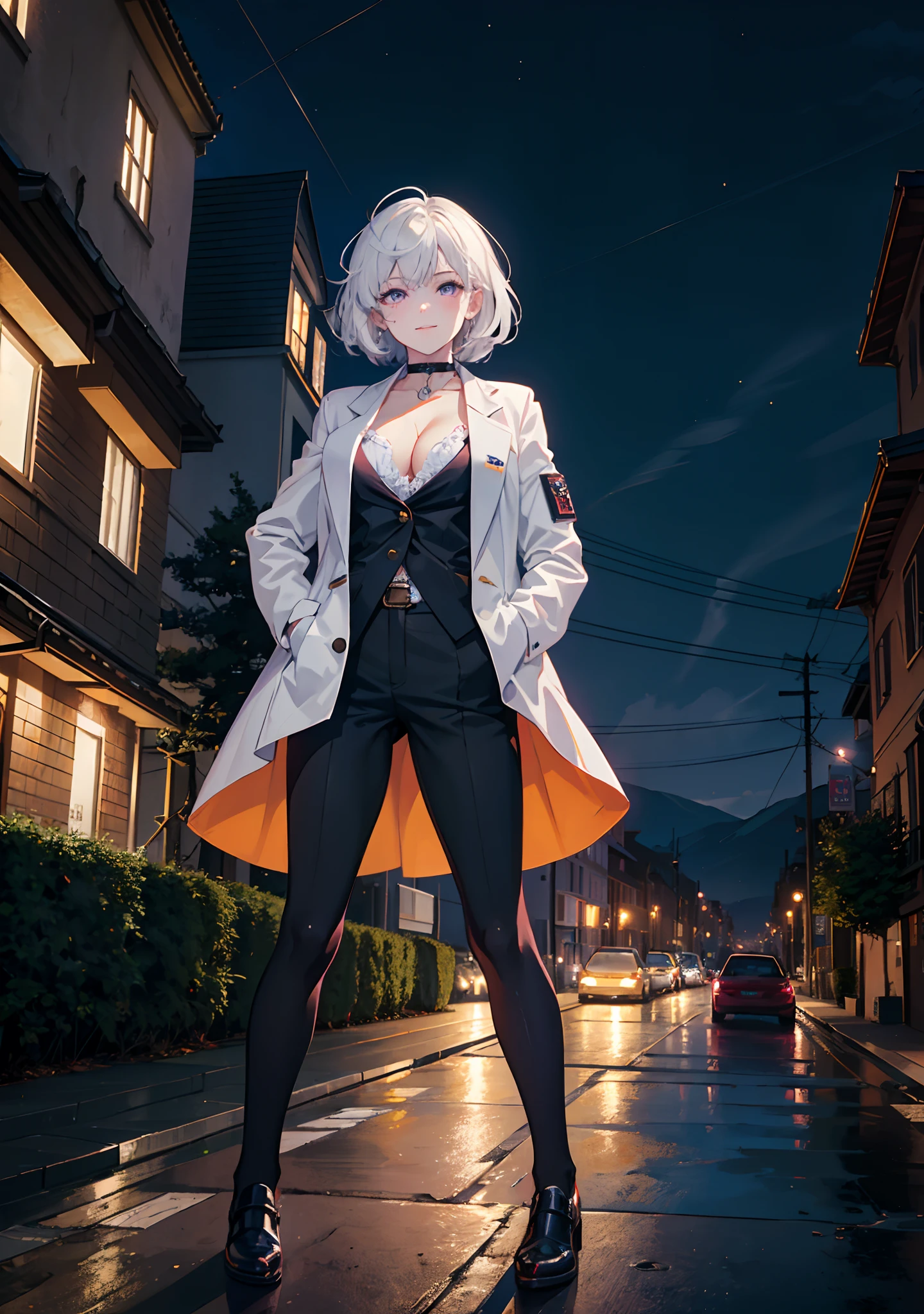 (masterpiece, best quality:1.2), cowboy shot, solo, 1girl, white hair, short wavy hair, purple eyes, average breasts, slender body, light smile, looking at viewer, hands in pockets, lady office suit, (braless), cleavage, black pants, choker, cityscape scenery, street, night light, night time,