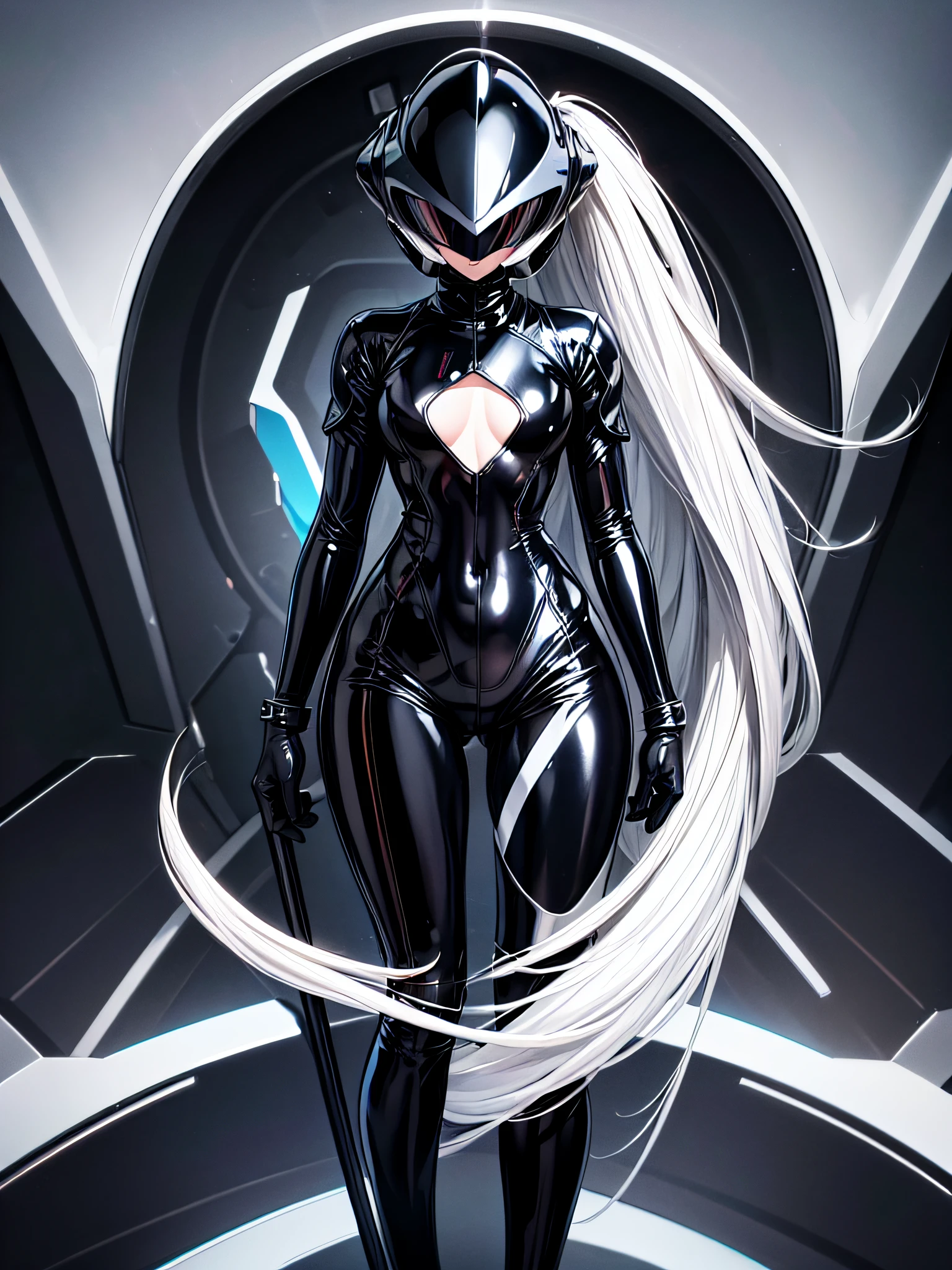 5 8K UHD、Silver-haired and small-nosed beauty in a black shiny black full-body rider suit wearing a black full-face helmet that covers the entire head is standing with her legs open facing the front、Wearing a shiny black latex slider suit with hidden skin、Shiny black latex slider suit、Upper Body Up