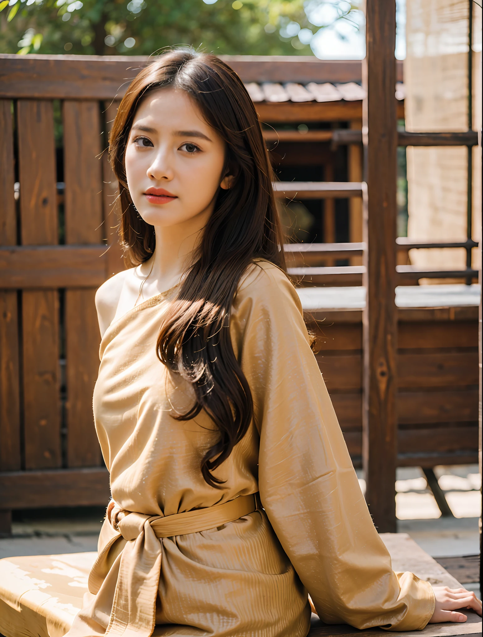 (8k,masterpiece,There's nothing wrong with it., Realistic :1.3), best quality, portrait , Realistic, face focus, 1 woman, brown long hair, Traditional Thai costume , ( comfortable:1.2), temple background, (breeze:1.2),(sun lighting:1.2)