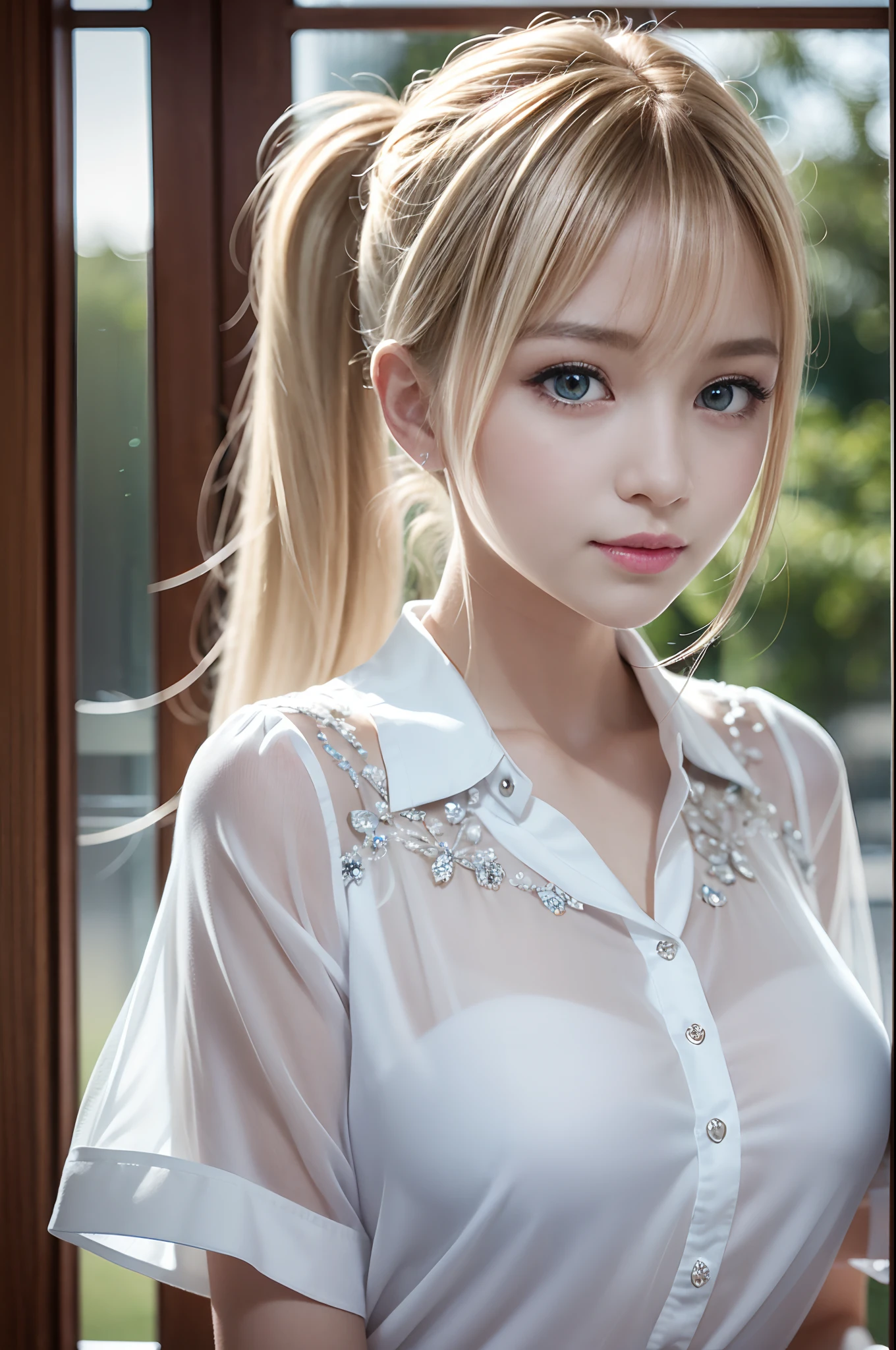 Ortraat、School Uniforms、bright expression、poneyTail、Young shiny shiny white shiny skin、Best Looks、Blonde reflected light、Platinum blonde hair with dazzling highlights、shiny light hair,、Super long silky straight hair、Beautiful bangs that shine、Glowing crystal clear attractive big blue eyes、Very beautiful nice cute girl、Lush bust,White and beautiful blouse、((Pose 1 that pleases with the whole body.5))++、Full body、Beautiful detailed eyes, beautiful detailed nose, (Realistic)