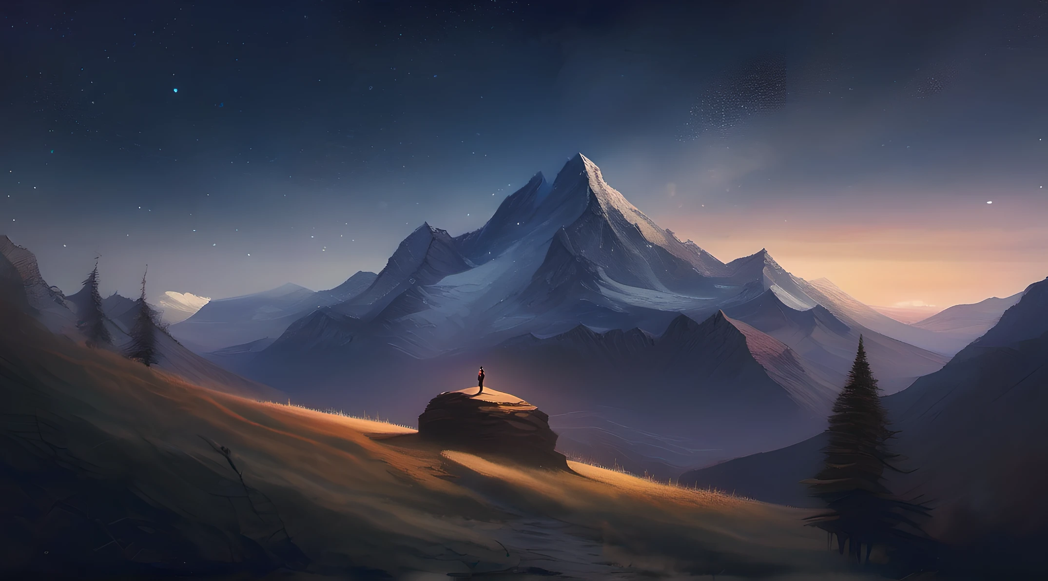 A majestic mountain with a starry sky in the background, representing calm and stability. At the top of the mountain, an individual is standing, looking at the horizon with determination. Around him, there are strong winds, symbolizing life's challenges. The individual remains firm and unflappable, emphasizing the importance of reacting with control and serenity