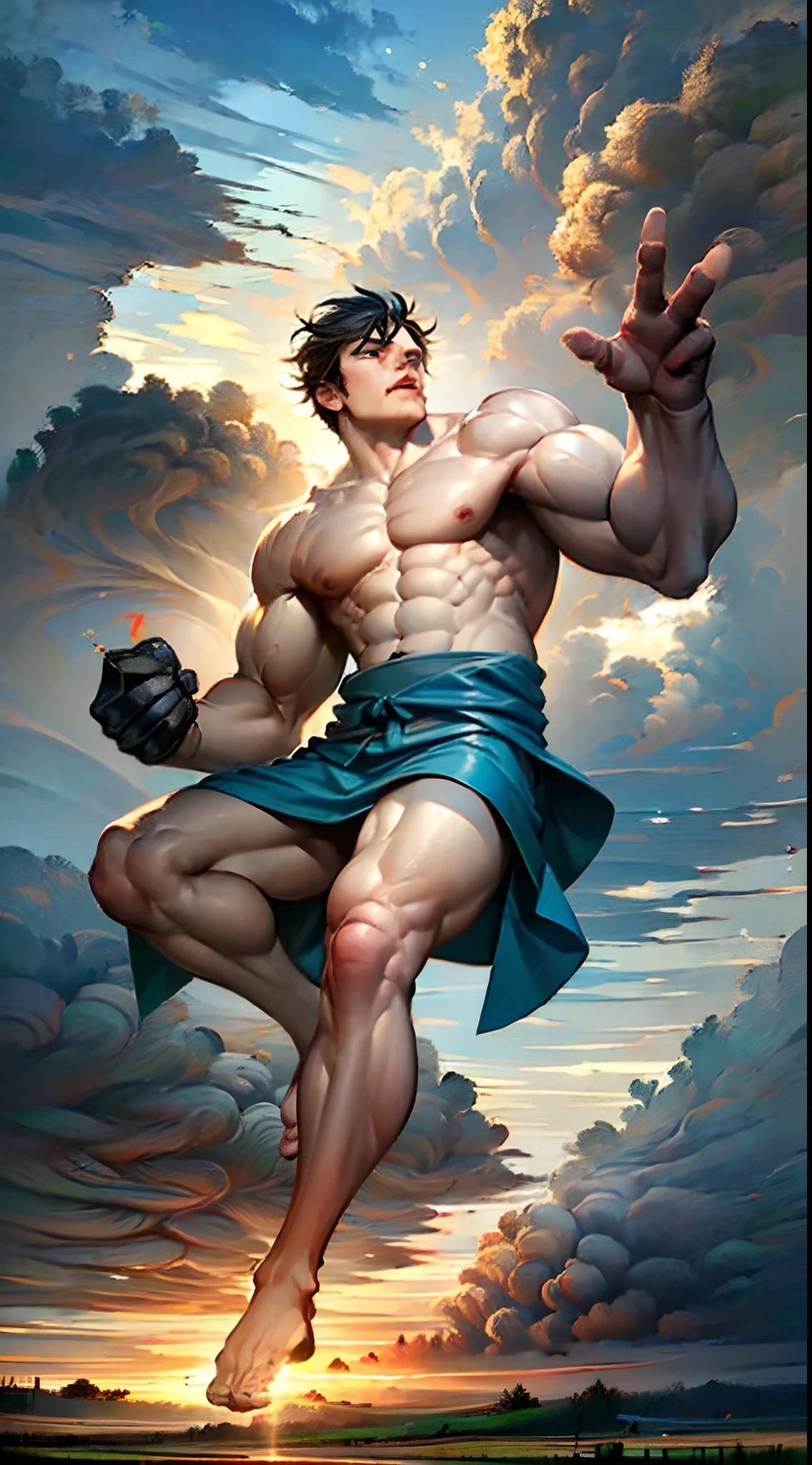 A man, with a Chinese face, is a giant, holding the sky with both hands and stepping on the earth with his feet. His upper body is naked, muscular, and he is wearing a pants skirt made of leaves. The sky is very blue, with many dark clouds. The sunlight passes through the dark clouds, shining on the giant's face, and the earth is dry and cracked.