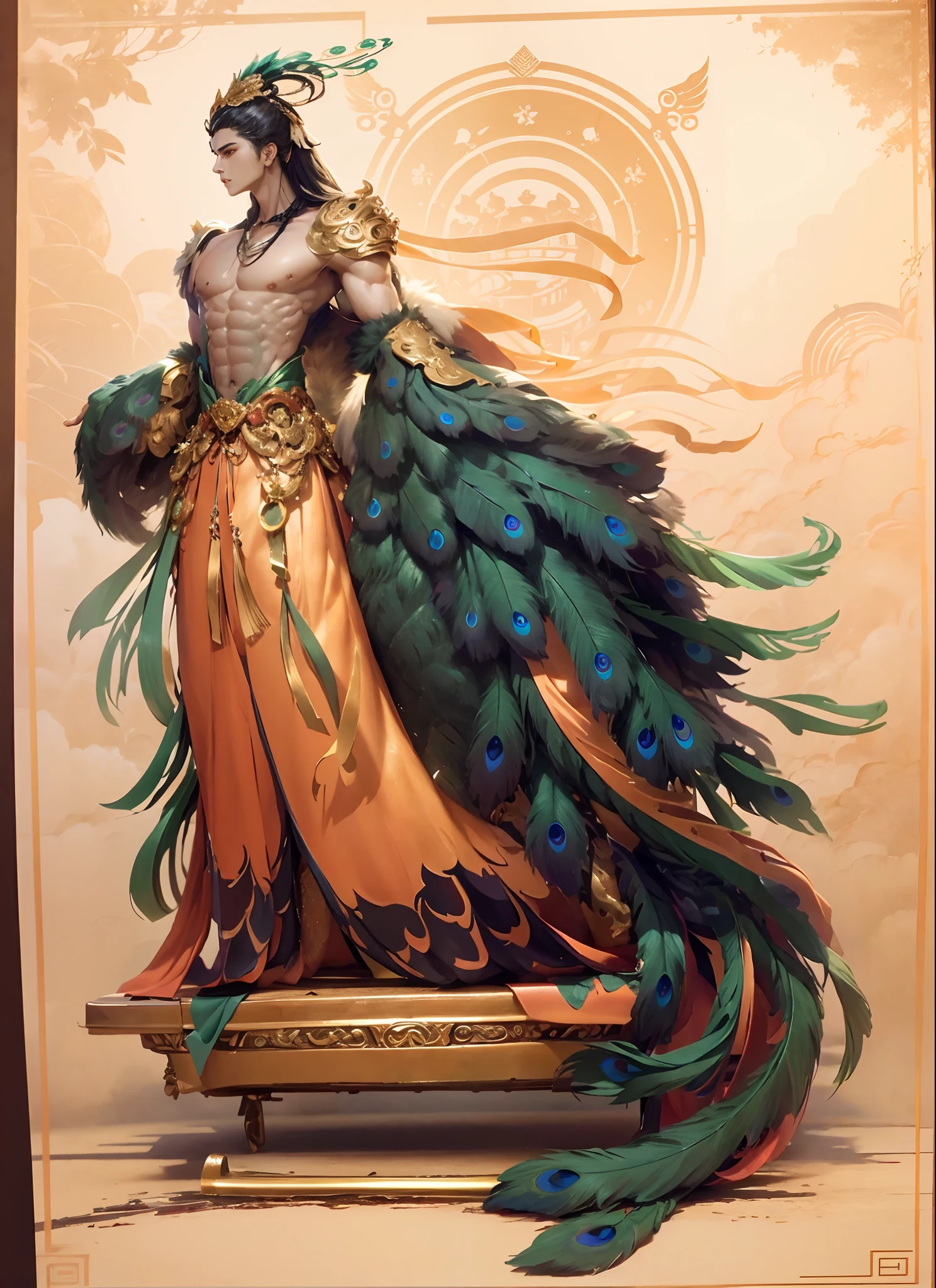 Sculpture design，Figures，GK model，The whole body of the character，base，sexy for，Peacock feathers，Handsome，（Exposing the pectoral muscles）Expose muscles，base，Wu Yifan，musculous，Delicate and sophisticated