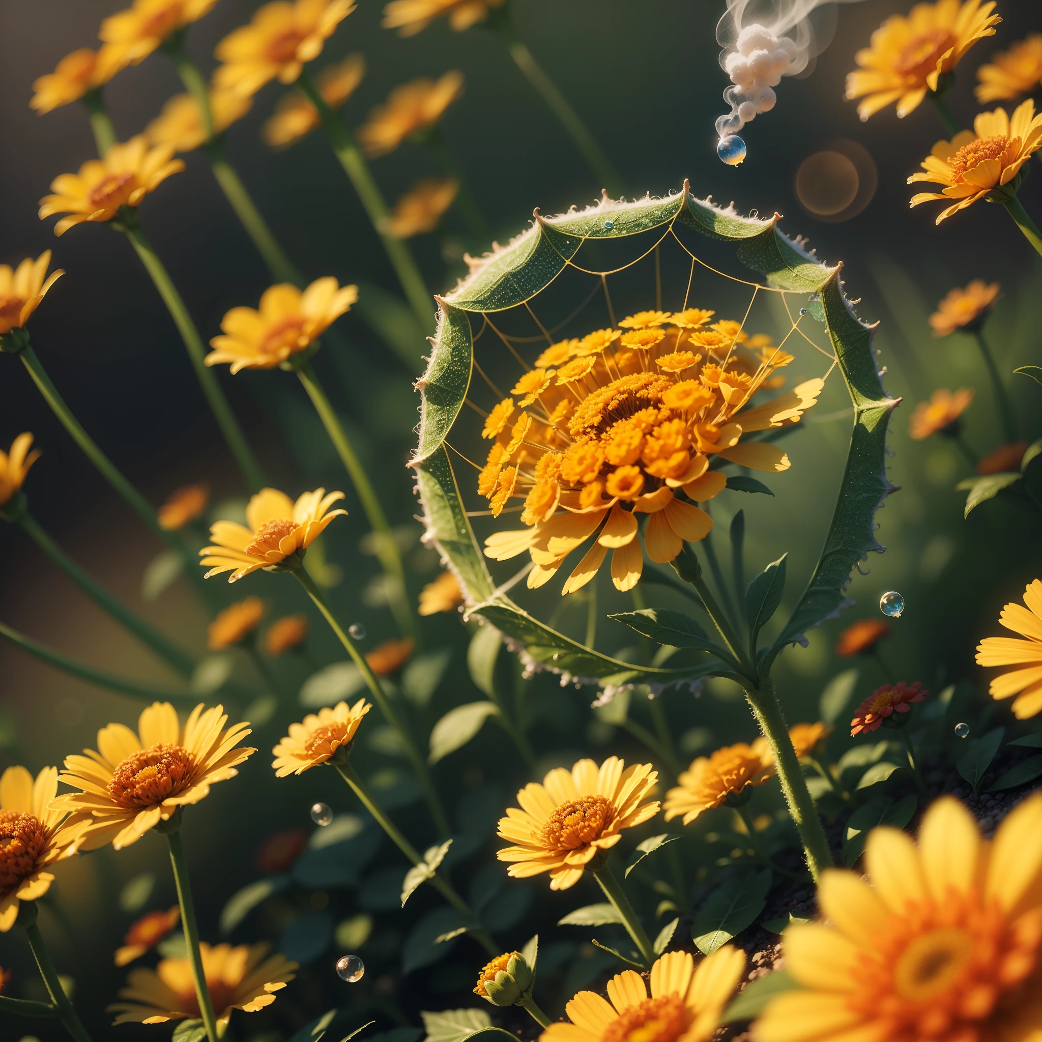 microscopic world , Masterpiece , Macro photography , cobweb, film grain, bokeh , smoke , highly detailed, Bright sunny weather, microflowers, drops, blur, realistic marigold close-up, azure background, soft contrast, octane render , unreal engine