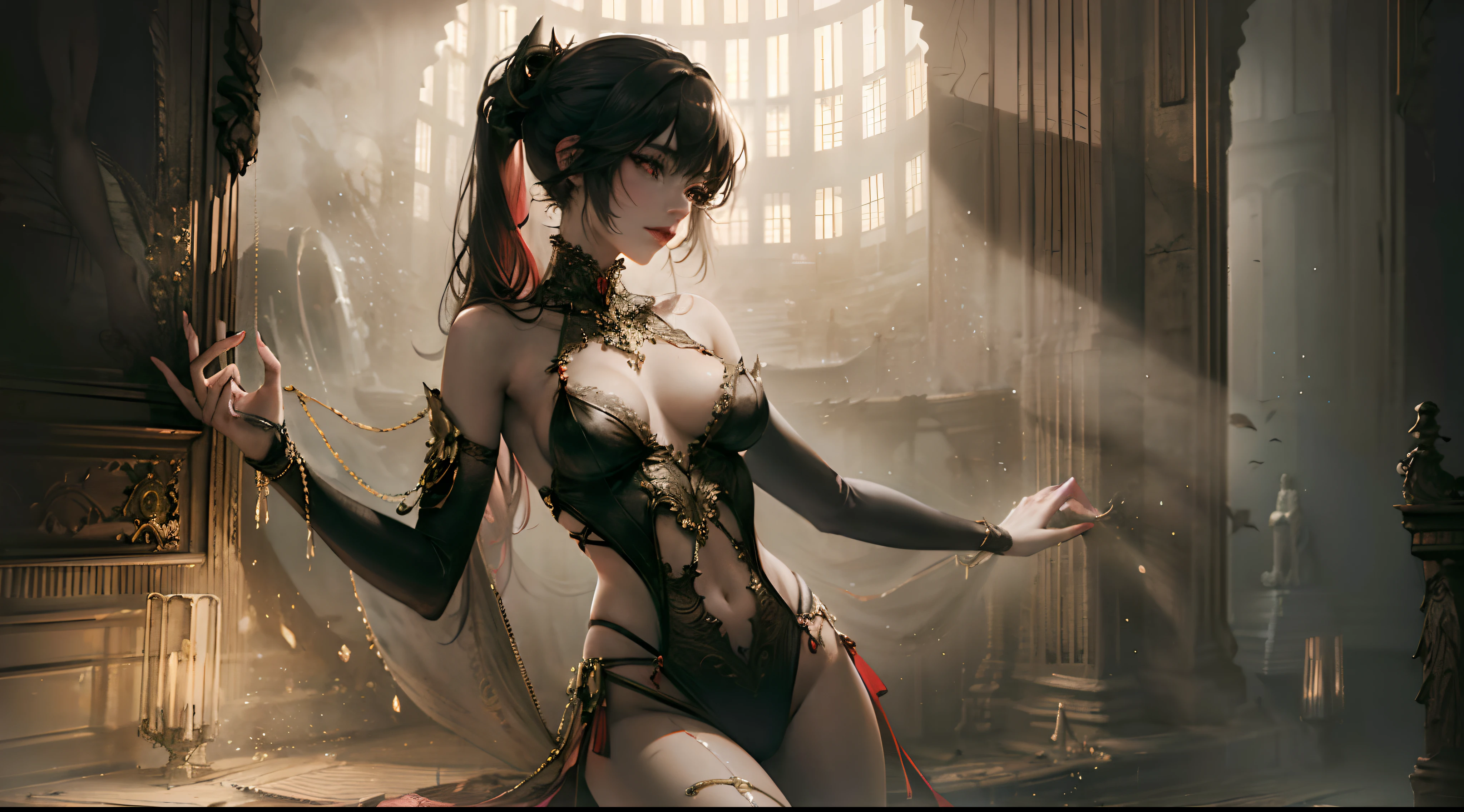 masutepiece, of the highest quality, High quality, Highly detailed CG Unity 8k wallpaper, Art Station, Digital Illustration, with an intricate, 動向, awardwinning photo, depth of fields, nffsw, chromatic abberation, Realism, Highly detailed, Art Station Trends, CGsociety Trends, with an intricate, high detailing, Dramatic, 8K, 16 K, of the highest quality, Photon mapping, Radio City, Photorealistic, Elaborate CG, physically-based renderingt, ultra realistic realistic textures, unreal enginee 5, motion angles, Cinematic lighting, Dramatic Lighting, Professional Lighting, Slender face Very detailed and expressive eyes, Shiny hair, High Texture、Detailed face and skin, highly detailed skin with pores, Perfect body line, Perfect bust line, exquisite collar bone, Perfect clavicle, 
No clothes, Perfect nudity, Legs spread, SEX, random provocative poses, beastly pose, 
Bewitching and mysterious oriental adult woman, Vampire, Red Lipstick, Red Eyes, Red Eye Shadow, Long gray hair with a glossy waist, sadistic smile, 
extreme light and shadows, Dim lighting,