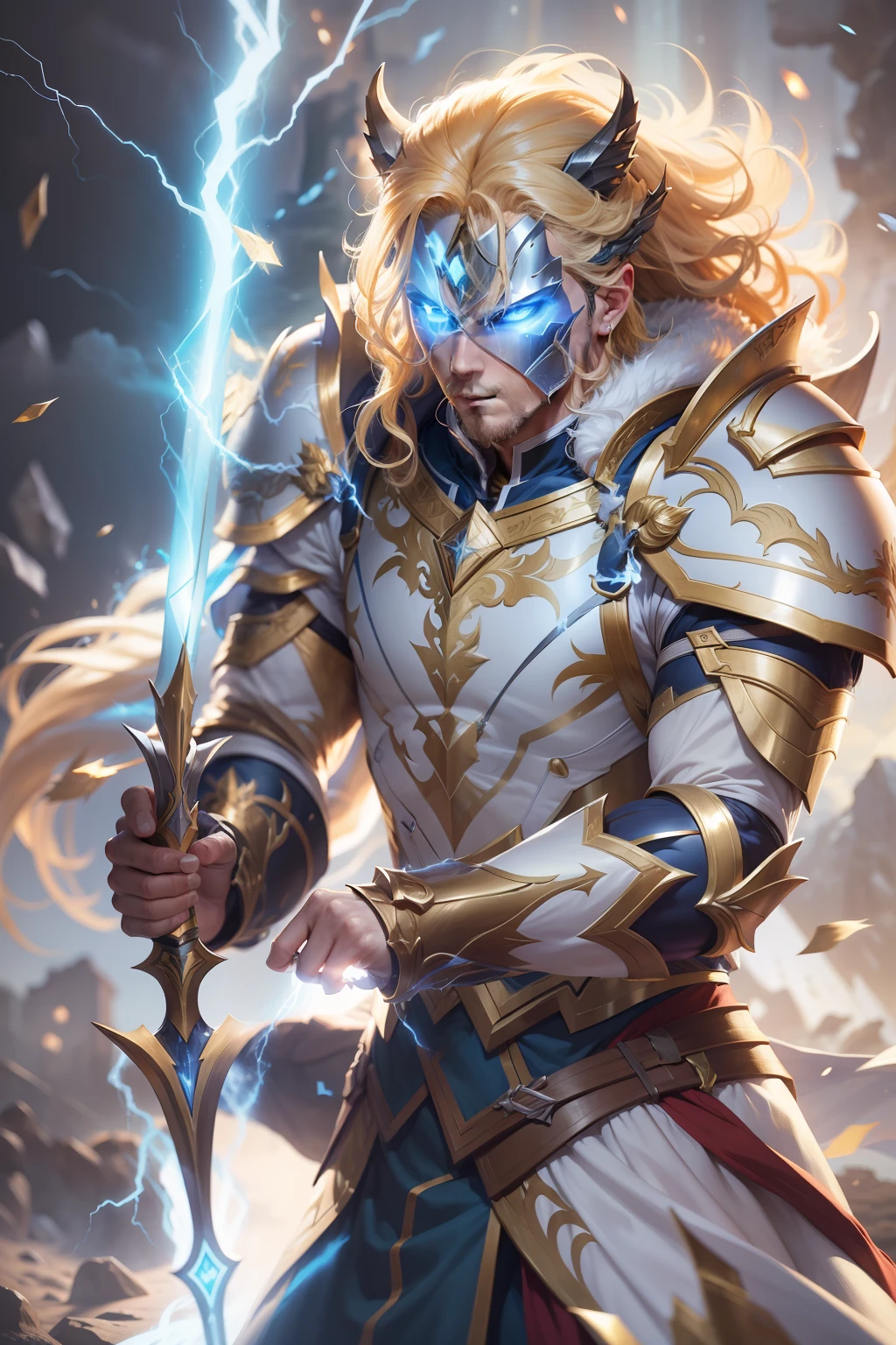 Man with bow Fantasy Action Armor Golden Hair Full Body White Blue Rays Action Background Add Golden Armor Improve Add Hair Archer White Beast Lightning Effects