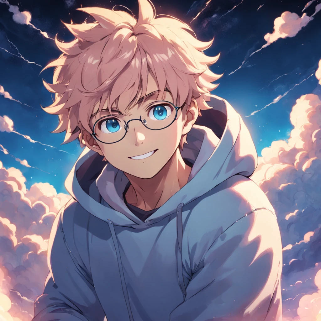 masterpiece, best quality, movie still, 1man, cloud man, floating in the sky, close-up, bright, happy, warm soft lighting, sunset, (sparks:0.7), (male focus:1.2), (cute:1.7), cute man wearing round glasses, looking at the viewer, smiling, wearing a pink hoodie, blue eyes, blond hair