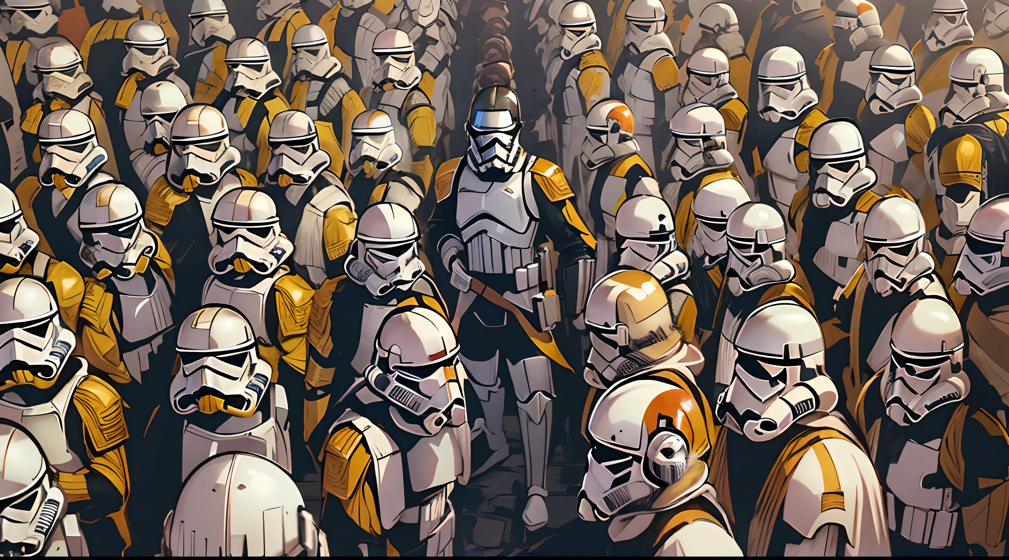 Imperial soldier, Star Wars old republic, (illustration style), detailed background, crowd of imperial soldiers, (looking down)
