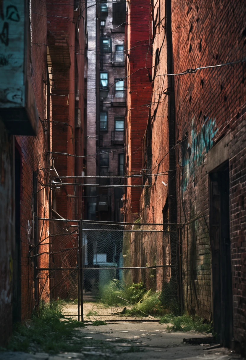 Scene of a backstreet alley, graffiti, New York,bricked walls, barbed wire