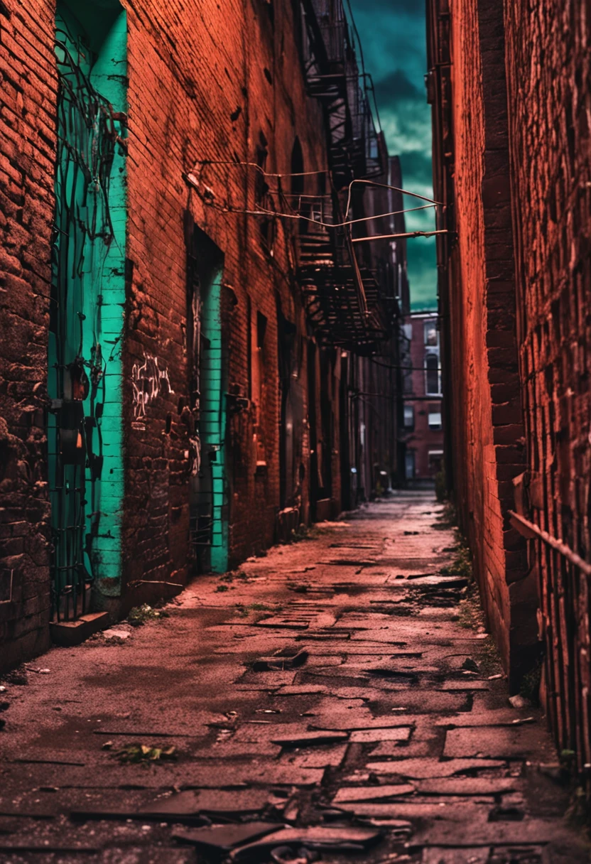 Scene of a backstreet alley, graffiti, New York,bricked walls, barbed wire