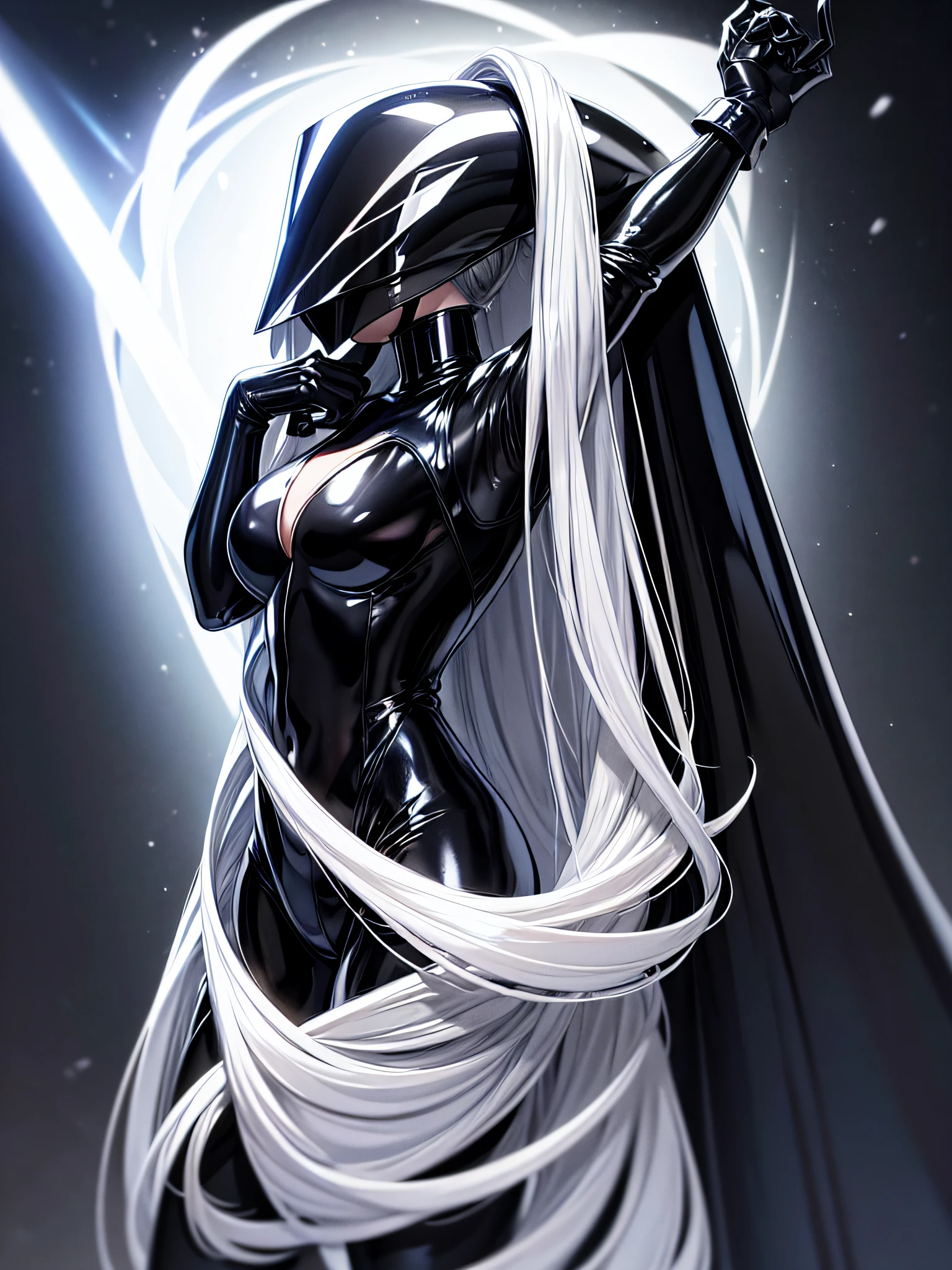 5 8K UHD、Silver-haired and small-nosed beauty in a black shiny black full-body rider suit wearing a black full-face helmet that covers the entire head is standing with her legs open facing the front、Wearing a shiny black latex slider suit with hidden skin、Shiny black latex slider suit、Upper Body Up