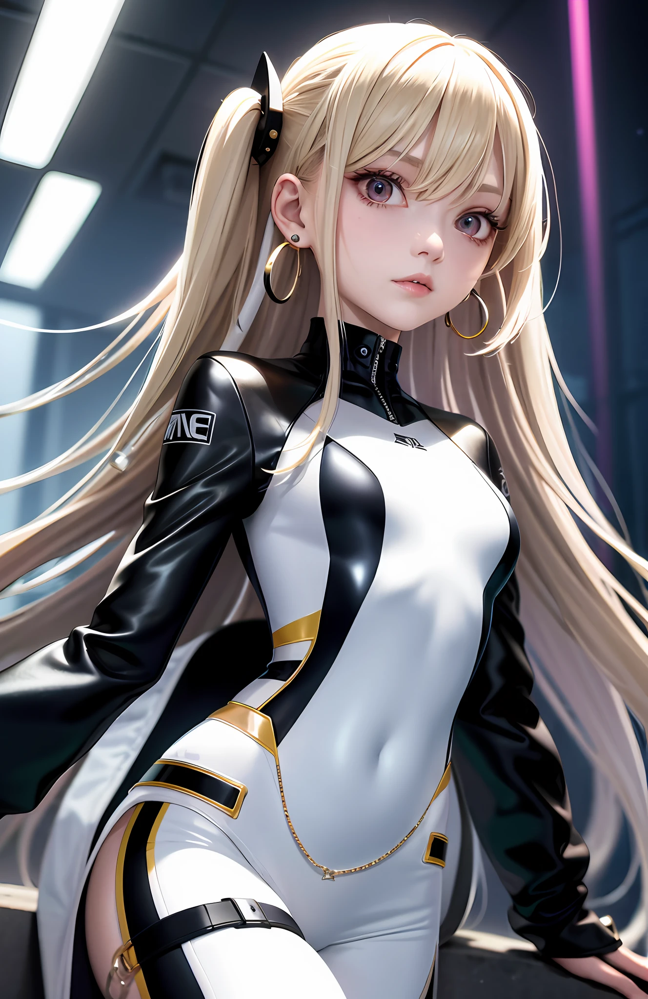 optimum，tmasterpiece，A high resolution，best qualtiy，hyper HD，super detailing，Award-Awarded，16k，独奏，（（The upper part of the body）），（（Bust）），anatomy correct，Beautiful cyberpunk girl，cute  face，，Gradient Beige Hair，Hairline，（（Dark golden eyes）），long eyelasher，Hanging eye corners，White skin of the，（small boobs），（Slim body），（（Women's extra short shawl leather jacket）），（（goth style，racing_suit）），（（）），ear studs，（Neck strap），（Laser material clothing：1.2）