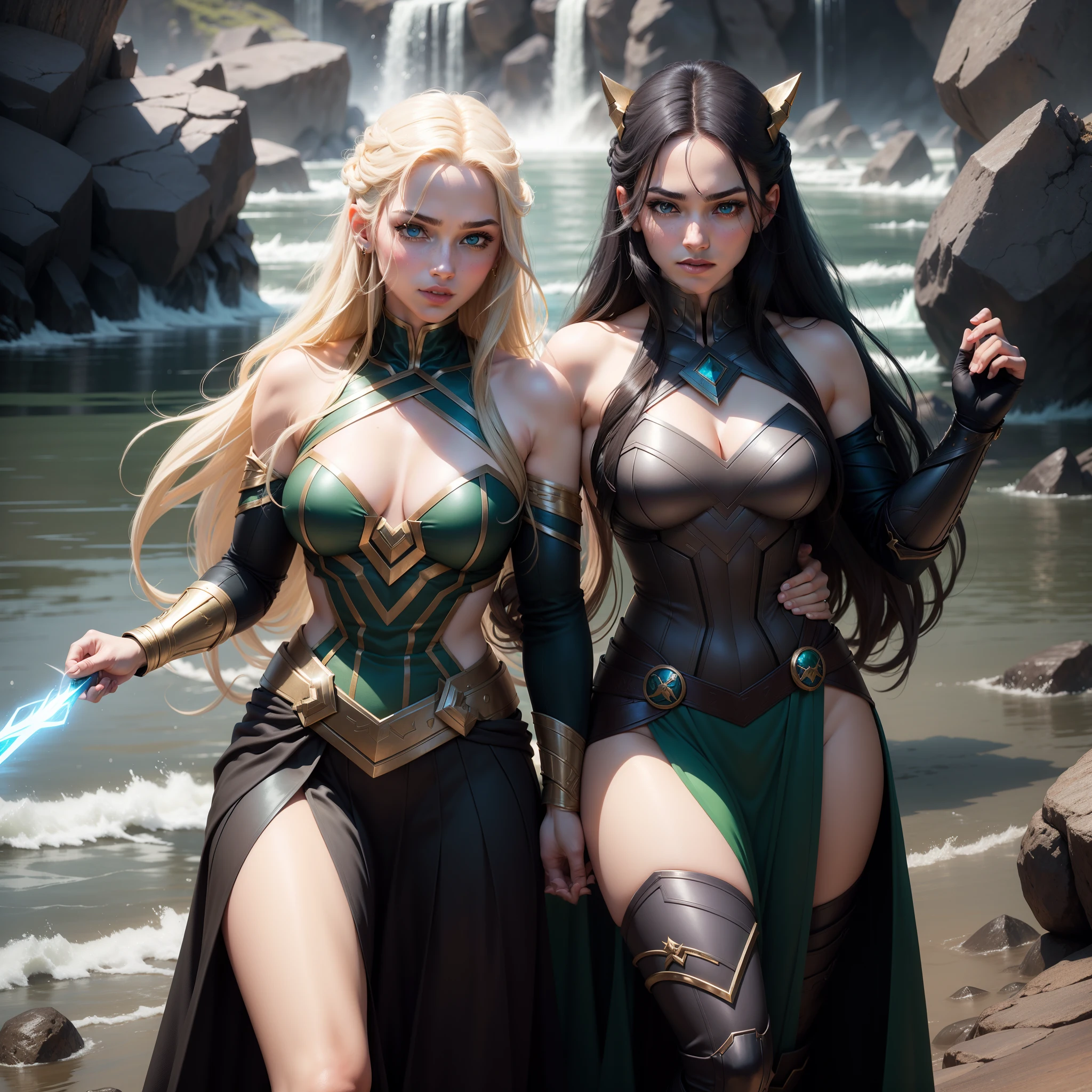 Female Version of Marvel's Loki:
The female version of Loki retains the cunning and mysterious essence of the original character. His green eyes glow with a mixture of malice and intelligence. She has silky black hair that falls in asymmetrical locks over one shoulder, dando um ar de rebeldia. Her pale skin contrasts with intense red lips that curve frequently in a subtle smile. O figurino combina elementos de estilo asgardiano com toques femininos, like a golden armor that highlights his delicate curves and green details reminiscent of Loki's traditional attire. She exudes confidence and magnetic presence.
Female Version of Marvel's Thor:
The female version of Thor radiates strength and nobility. Her blue eyes reflect the determination of a fearless warrior. Seus cabelos loiros, longos e ondulados, caem em cascata sobre seus ombros, evocando uma aura de majestade. A pele bronzeada testemunha as batalhas travadas ao longo dos anos. She sports a battle costume inspired by the Mjölnir, com uma capa vermelha que flui ao vento. O martelo, now feminine looking, rests firmly in his hand, transmitindo poder divino. His bearing is haughty and fearless, reflecting Thor's legendary courage in a new feminine context.