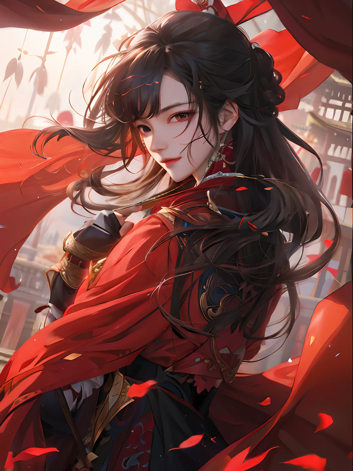 Anime girl with long hair and red cape holding sword, Palace , A girl in Hanfu, by Yang J, Guviz, Guweiz in Pixiv ArtStation, Guviz-style artwork, Guweiz on ArtStation Pixiv, Beautiful character painting, Artgerm and Atey Ghailan, Extremely detailed Artgerm