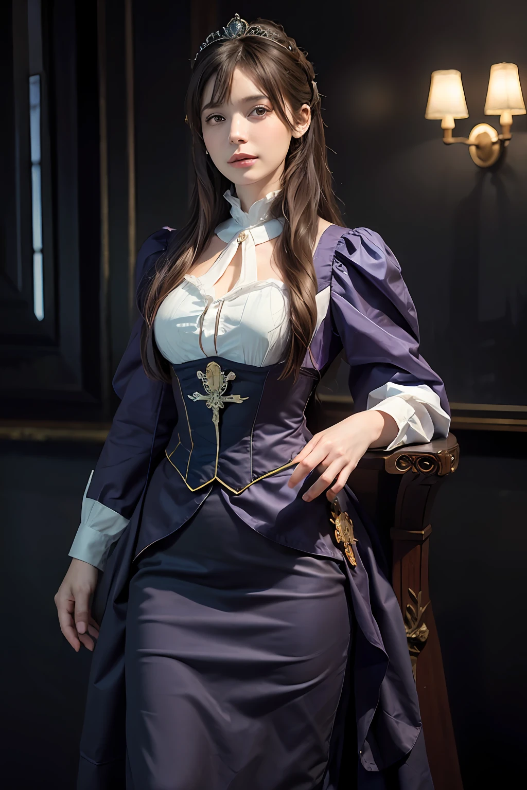 Hyperrealist portrait of female by david hockney and alphonse mucha,fantasy art, photo realistic, dynamic lighting, artstation, poster, volumetric lighting, very detailed faces, 4 k, award winning,, 1girl, in the dark, deep shadow, low key,cowboy shot,(official clothing:1.4) ,long hair, purple hair, bangs, victorian era dress, most beautiful victorian era dress, majestic stare, princess, princess crown, standing in a throne room in a victorian castle,