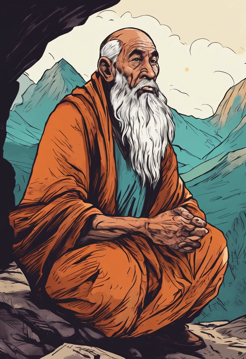 monk old man in the mountains, comic page style, 4k, close view face
