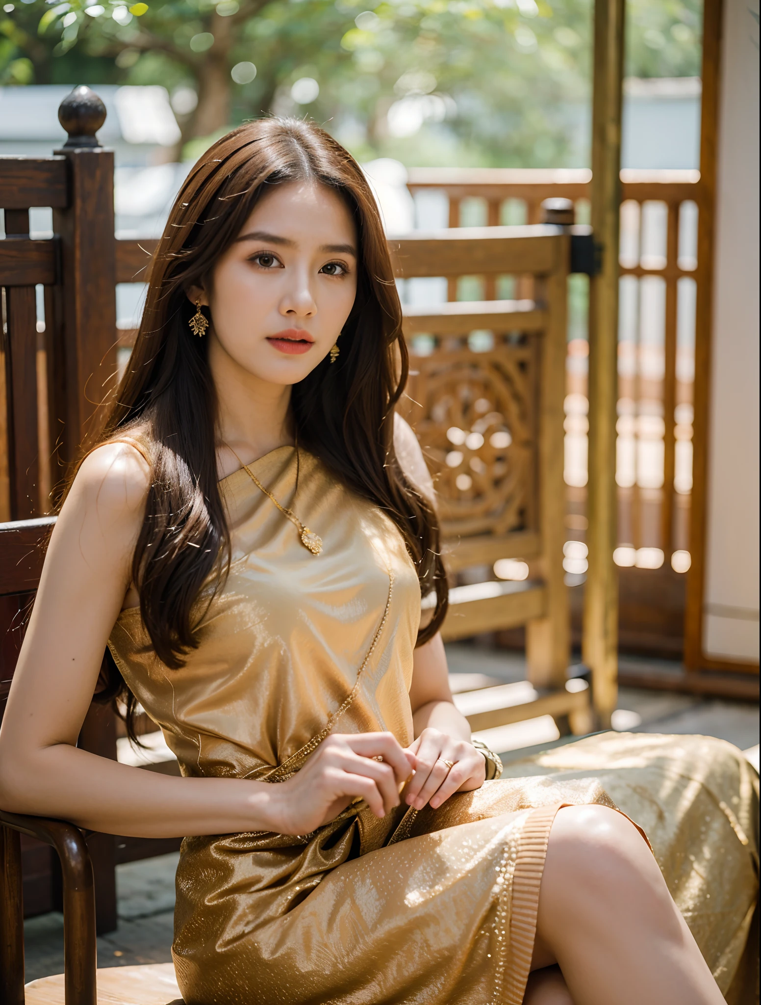 (8k,masterpiece,There's nothing wrong with it., Realistic :1.3), best quality, portrait , Realistic, face focus, 1 woman, brown long hair, Traditional Thai costume , ( comfortable:1.2), temple background, (breeze:1.2),(sun lighting:1.2)