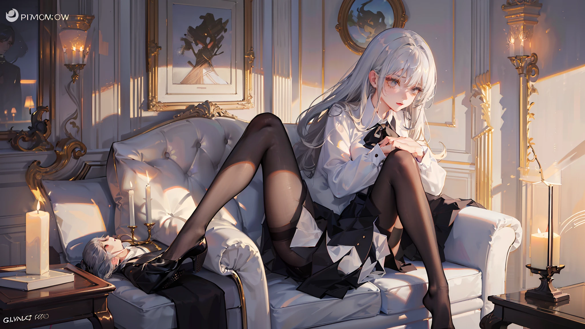 (((girl lying on sofa undressing with her hands,,Hands on the upper and lower legs of the naked body,black uniforms,black reotard,Primetime light and shadow black pantyhose)),Ray tracing,(Dim lighting,luz de velas,waxy candles),[Detailed background (Bedroom)),((Silver hair)),((Dark hair)),(((Fluffy silver hair, plump and slender girl)))golden hair,Golden Eyes Avoid seeing golden eyes in an ominous bedroom ((((Girl in white shirt, Take off your black crinkled skirt,Prime hour light and shadow,