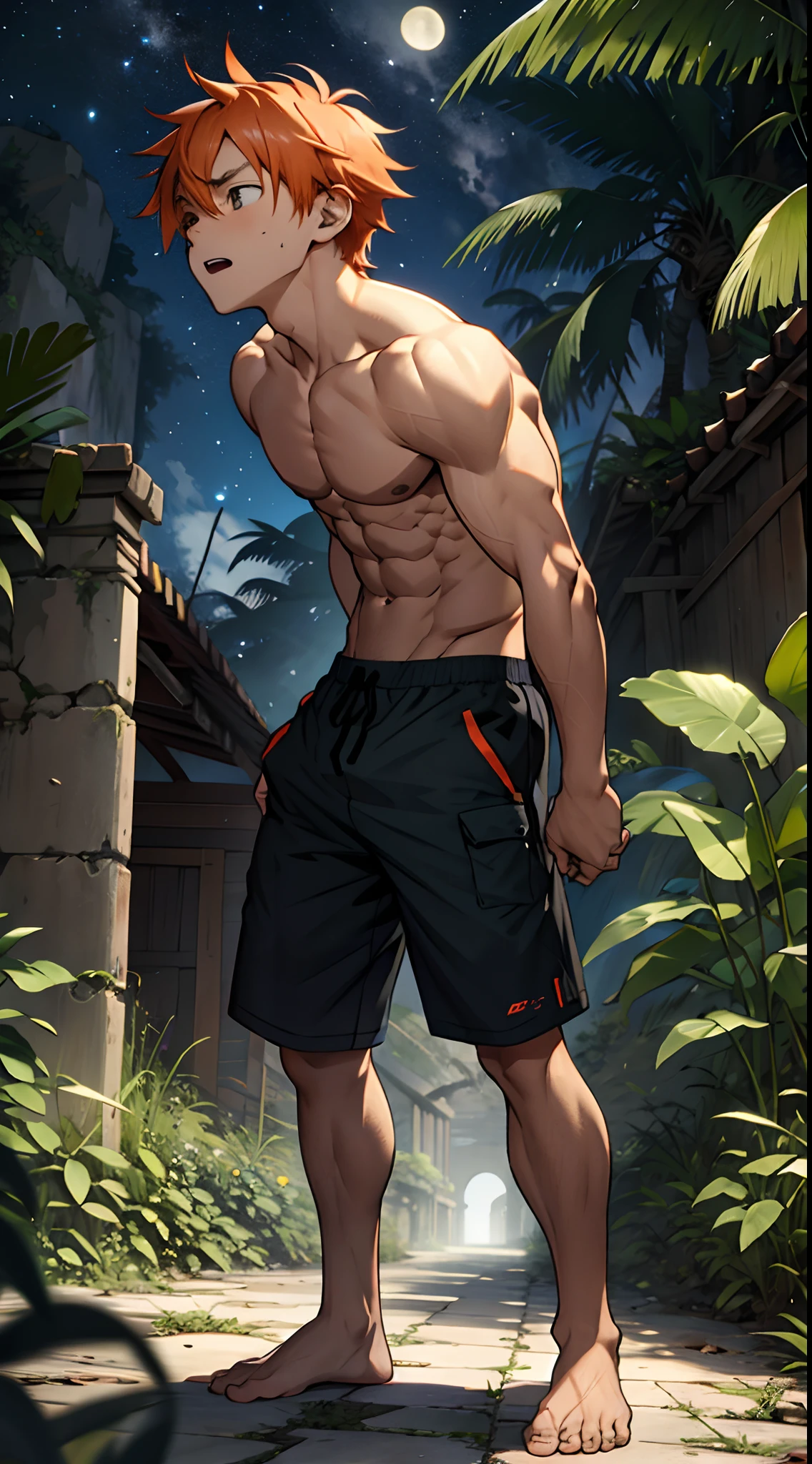 (masutepiece, Best Quality),1boy,(younge boy,child-faced),teenager face,Side view,Body tilt,Sagging hands,delicate big eyes,Open your eyes ,Big ,orgasm,smooth and delicate skin,Short square face,(Lewdness),infancy,slimey,infancy,young age,short round face,Flat chin,finely detaild face,Briefs,well-muscled,short bright orange hair,The eye,complex,full body Esbian,nakeness,Black teal briefs,Abs pectoral muscles,the night,vivd colour,(depth of fields:1.2),(Abs),looking at viewert,top-down perspective,Spread your legs apart,Arms hang down,top-down perspective,jungles,ancient ruin