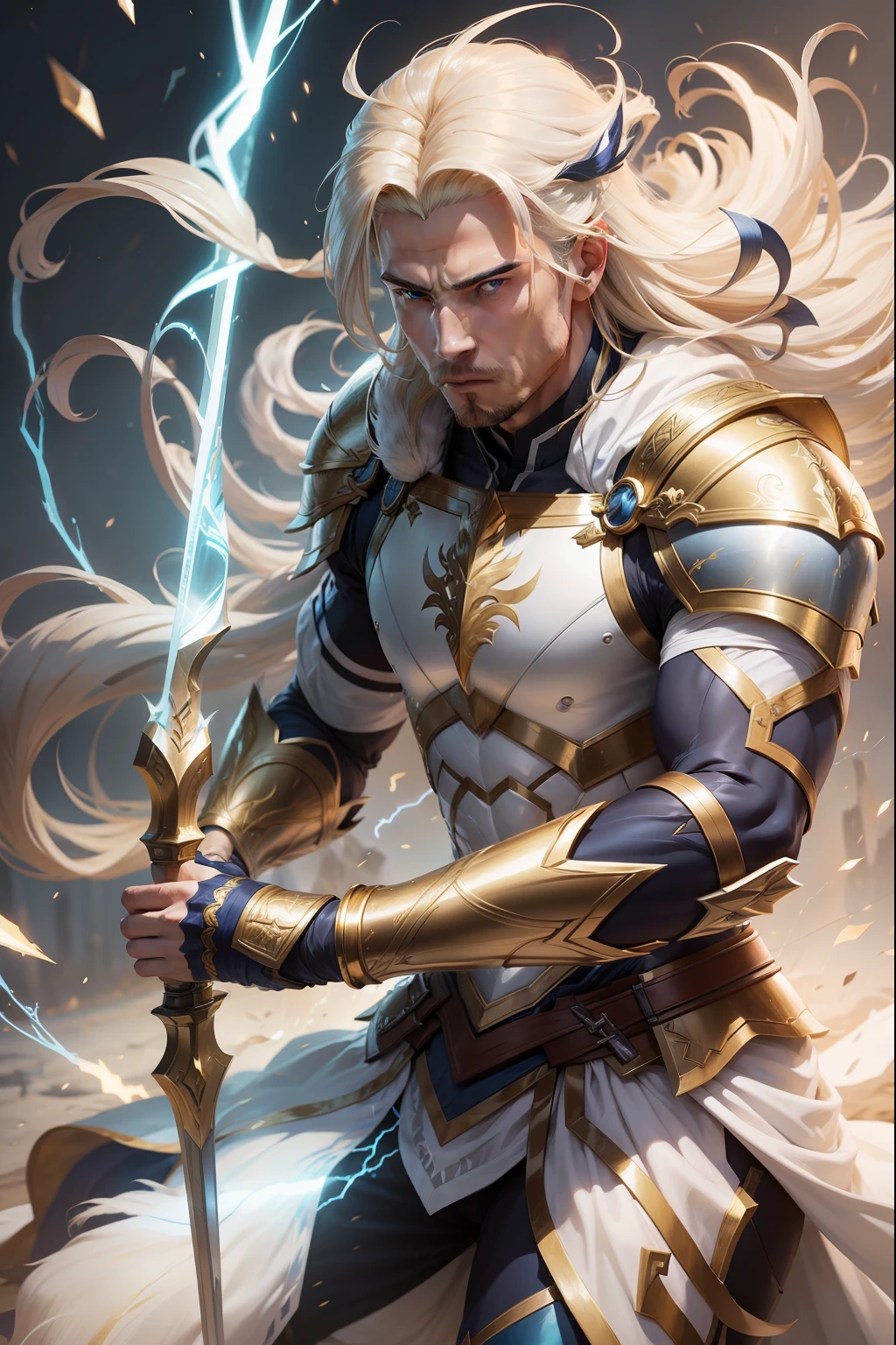 Man with bow Fantasy Action Armor Golden Hair Full Body White Blue Rays Action Background Add Golden Armor Improve Add Archer White Beast Lightning Effects