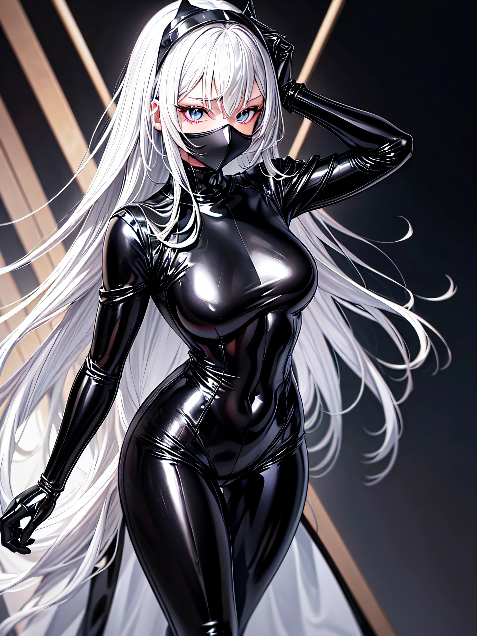 5 8K UHD、Silver-haired and small-nosed beauty in a black shiny black full-body rider suit wearing a black full-face helmet that covers the entire head is standing with her legs open facing the front、Wearing a shiny black latex slider suit with hidden skin、Shiny black latex slider suit、Upper Body Up
