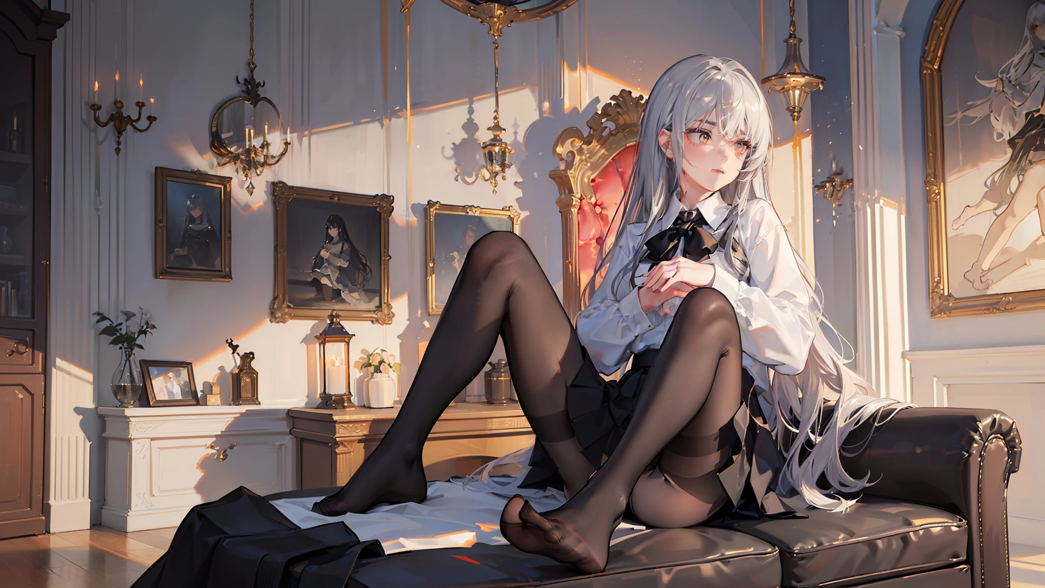 (((girl lying on sofa undressing with her hands,,Hands on the upper and lower legs of the naked body,black uniforms,black reotard,Primetime light and shadow black pantyhose)),Ray tracing,(Dim lighting,luz de velas,waxy candles),[Detailed background (Bedroom)),((Silver hair)),((Dark hair)),(((Fluffy silver hair, plump and slender girl)))golden hair,Golden Eyes Avoid seeing golden eyes in an ominous bedroom ((((Girl in white shirt, Take off your black crinkled skirt,Prime hour light and shadow,
