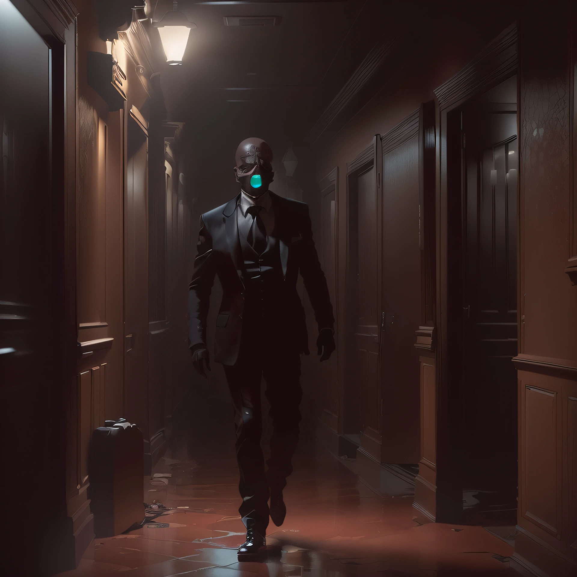 masterpiece, best quality, (extremely detailed CG unity 8k wallpaper), (best quality), (best illustration), (best shadow), Night, moonlight, a hitman, covered face, whole body, in a narrow corridor, focused direct light, deep shadows, mottled walls, bloody terror, a murderous atmosphere, , exposed viscera, photo level, HDR 8K, true lighting, movie stills, horror movies