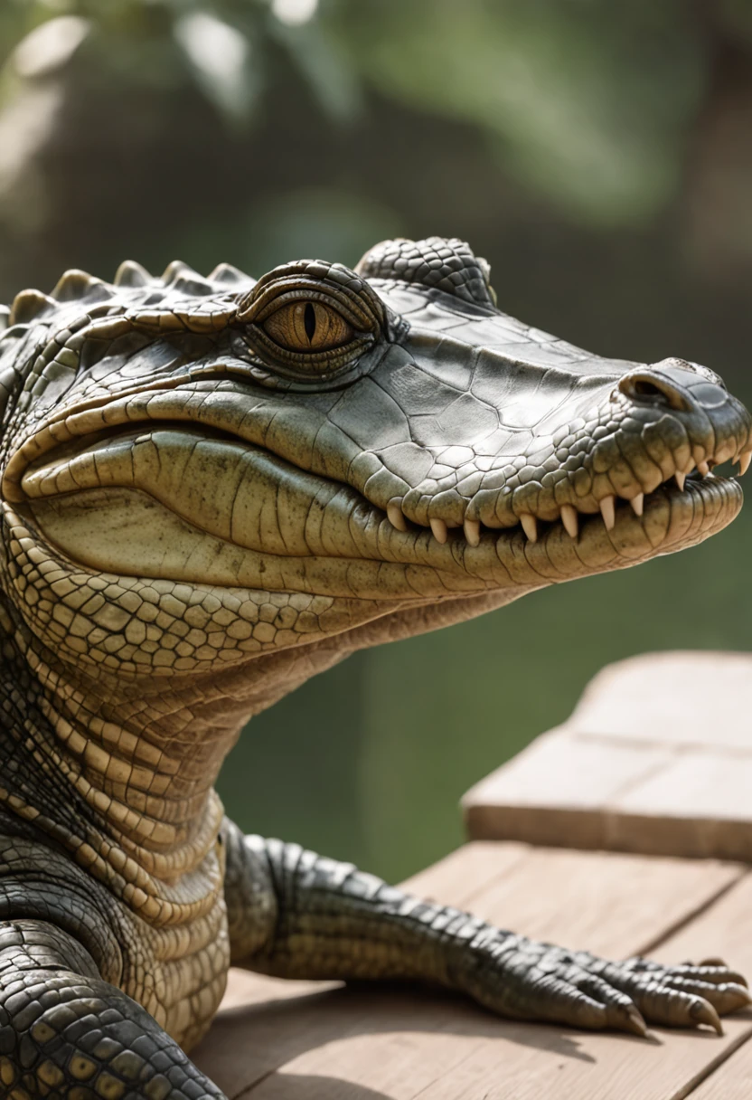 There is a photorealistic alligator sitting quietly and comfortably , imagem de corpo inteiro. on a couch with his mouth open, anthropomorphic alligator, Crocodilo Loki, Sci-Fi Crocodilo , Kinematic, foto de retrato, foto de retrato em close-up, foto de crocodilo, Reptiliano, Lagarto, Deus Crocodilo, alligator, alligator shaman, half shark alligator half man, Photographed with Sony Alpha camera 1 beautiful colors