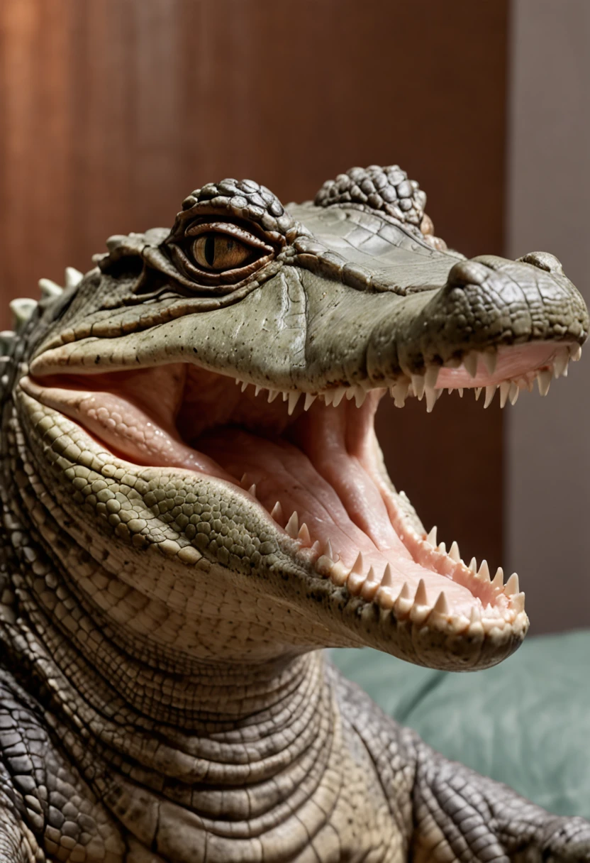 There is a photorealistic alligator sitting quietly and comfortably , imagem de corpo inteiro. on a couch with his mouth open, anthropomorphic alligator, Crocodilo Loki, Sci-Fi Crocodilo , Kinematic, foto de retrato, foto de retrato em close-up, foto de crocodilo, Reptiliano, Lagarto, Deus Crocodilo, alligator, alligator shaman, half shark alligator half man, Photographed with Sony Alpha camera 1 beautiful colors