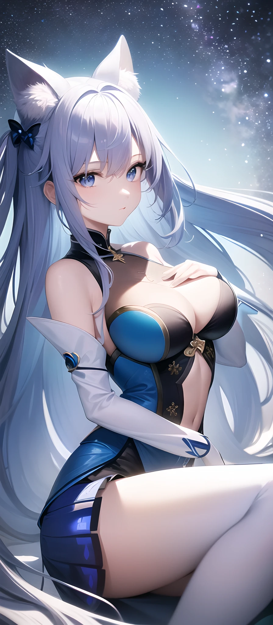 8K分辨率,Refined features,s the perfect face,Glowing skin,high detal,blue skirts,long white hair,blue color eyes,Flying blue butterflies,Raised sexy,plumw,Upright_straddle,sunraise,Eau,the sideview