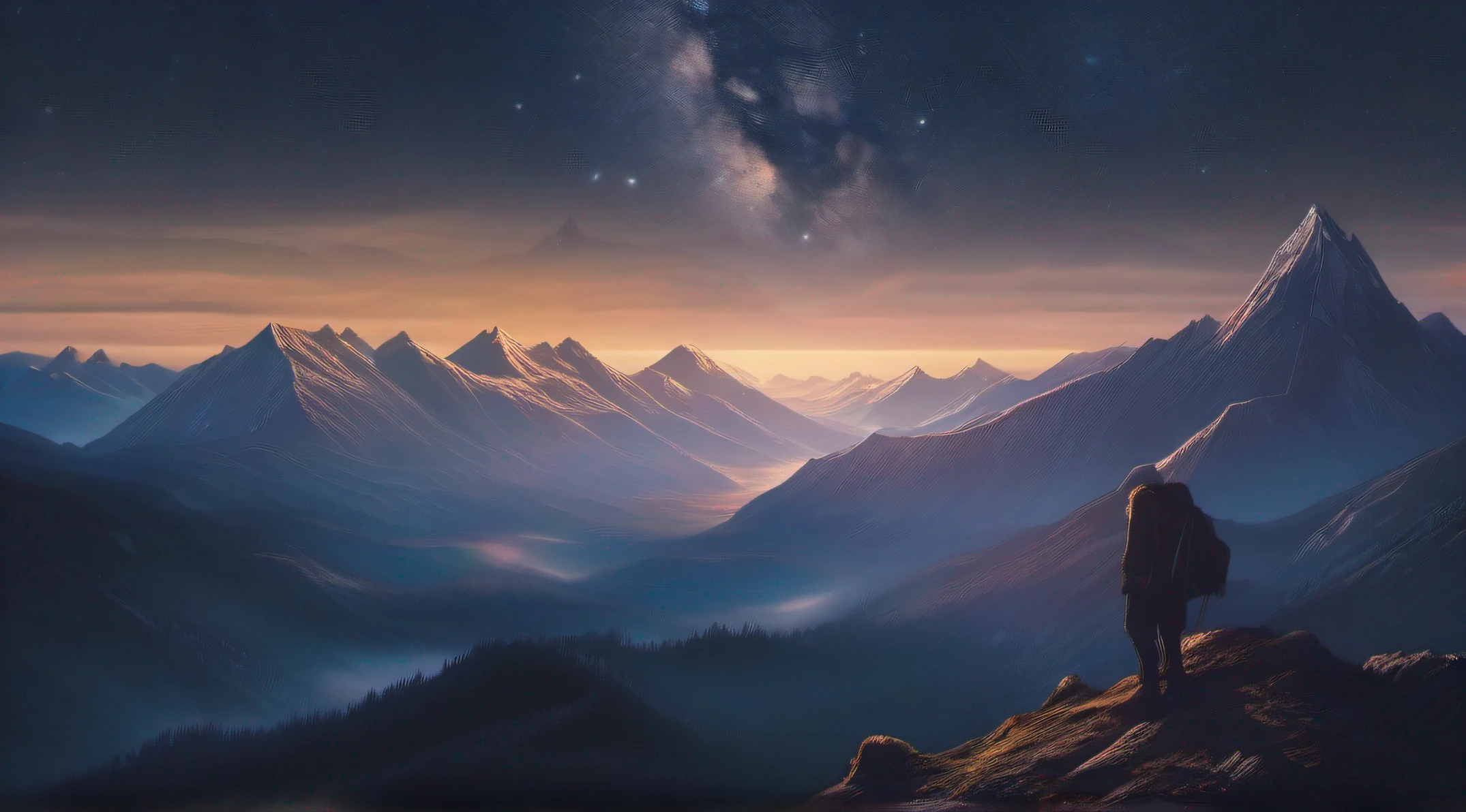 A majestic mountain with a starry sky in the background, representing calm and stability. At the top of the mountain, an individual is standing, looking at the horizon with determination. Around him, there are strong winds, symbolizing life's challenges. The individual remains firm and unflappable, emphasizing the importance of reacting with control and serenity