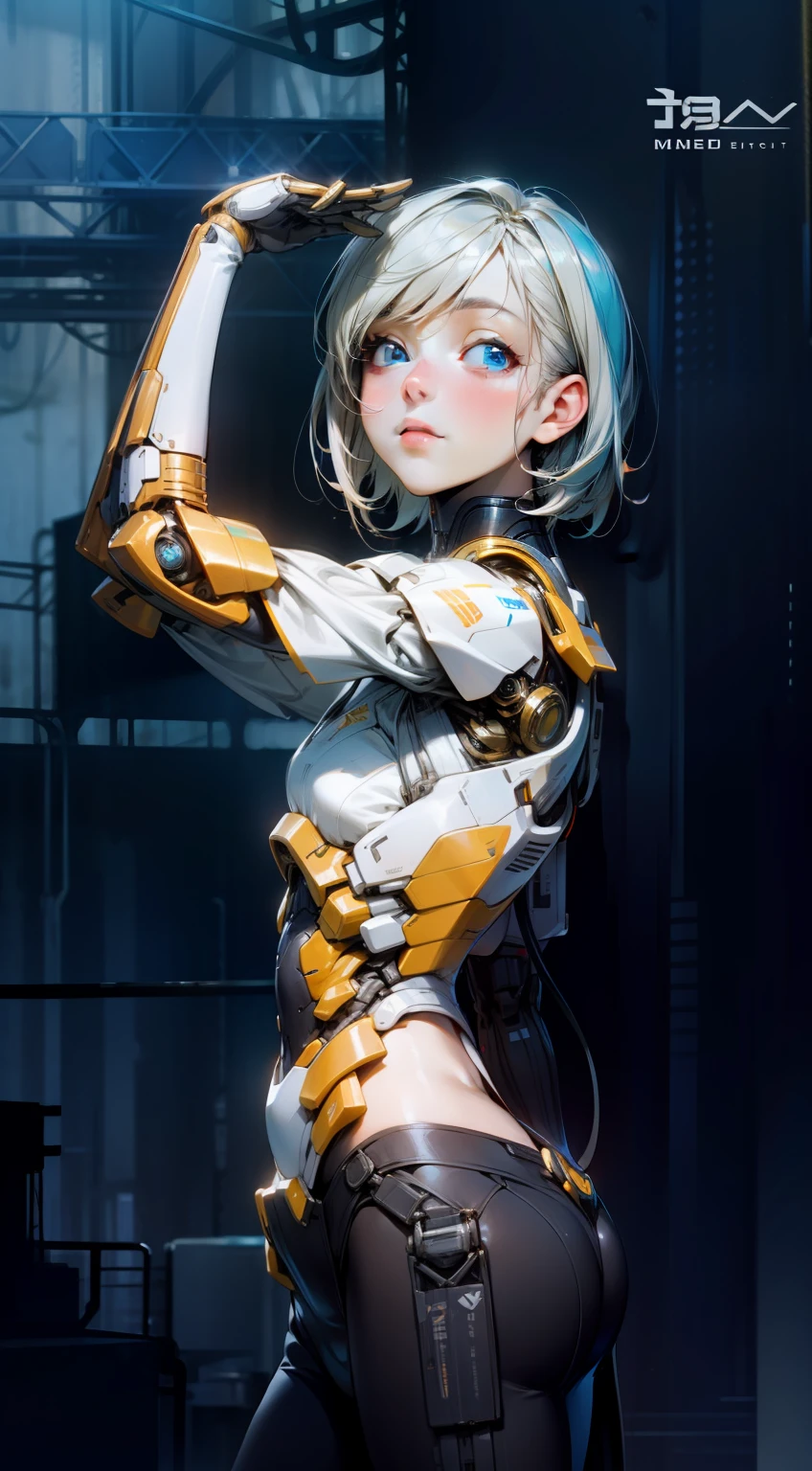 High Quality, Ultra High Resolution, Ultra Realistic, Super Detailed, Robot, mecha, Humanoid, Slim, beautiful, blue eyes, 1girl, yellow hair, short hair, Full Face, Full Body, female, Metallic, Metallic, Luxury, Metallic, One, BREAK, concert stage, detailed background, bokeh, cinematic,