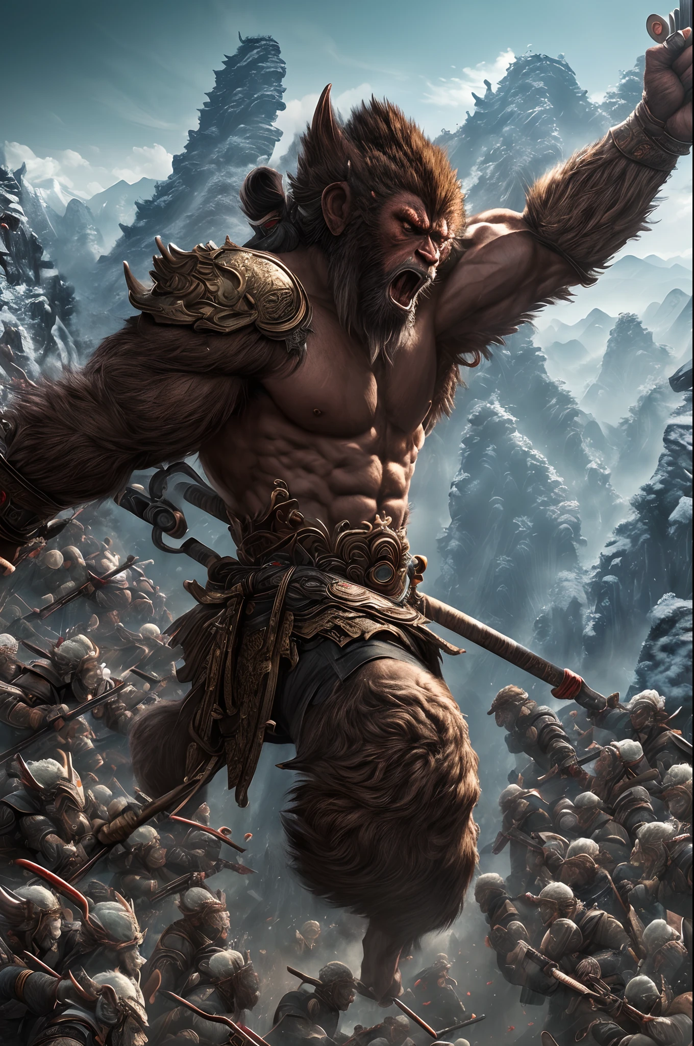 (masterpiece:1.3),Hyper Detail,8K,(top-quality,Top image quality),ultra-detailliert,Raw photo,Wukong,(50 clones:1.3),rampage,Deep in the mountains of China