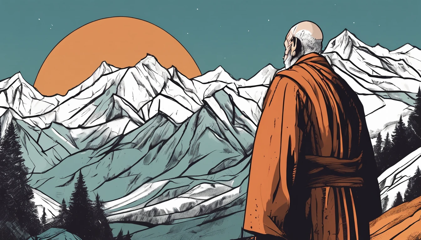 monk old man in the mountains, comic page style, 4k, close view face