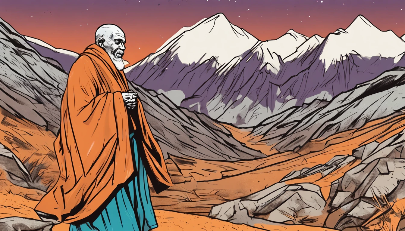 monk old man in the mountains, comic page style, 4k, close view face
